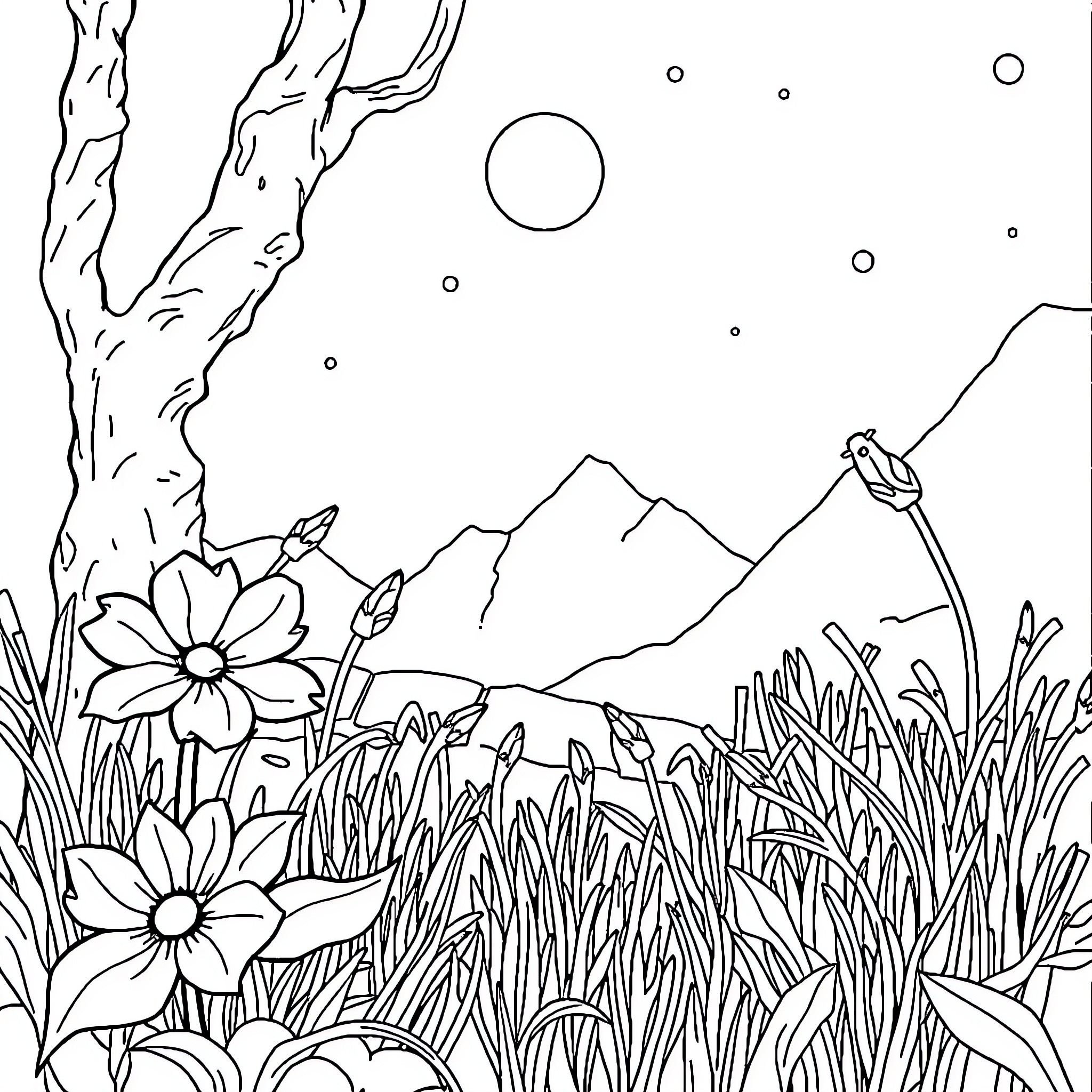 Access to a Serene Nature Landscape Coloring Page (free black-and-white line drawing printable PDF for all, from beginners to advanced learners, including children, teens, adults, and seniors)