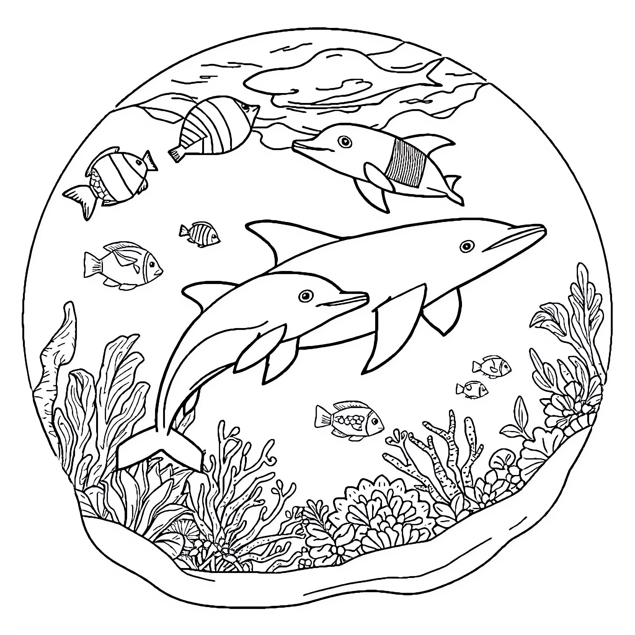 Marine Animals Swimming in the Ocean Coloring Page (free black-and-white line drawing printable PDF for all, from beginners to advanced learners, including children, teens, adults, and seniors)