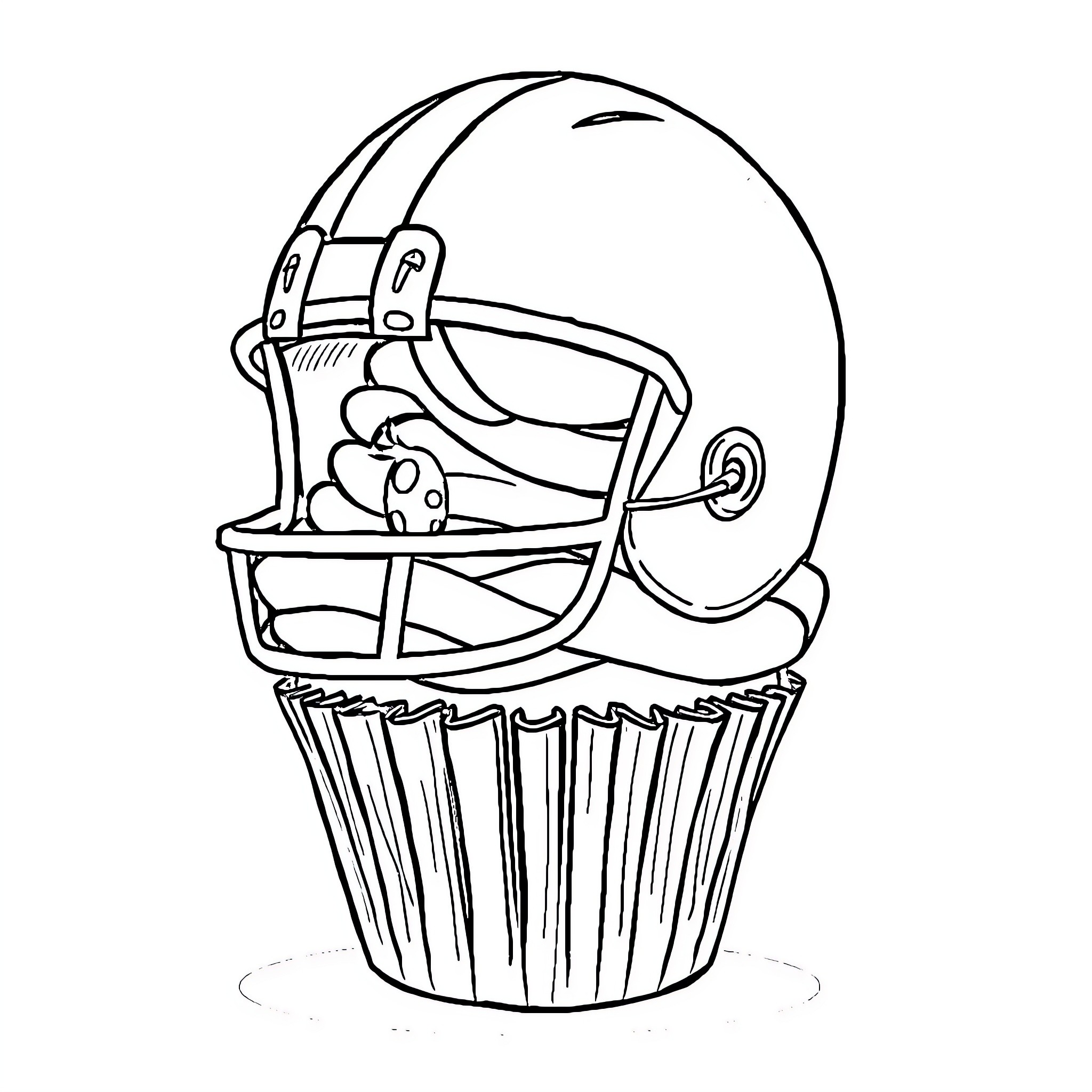 Cupcake with a Football Helmet Coloring Page (free black-and-white line drawing printable PDF for all, from beginners to advanced learners, including children, teens, adults, and seniors)