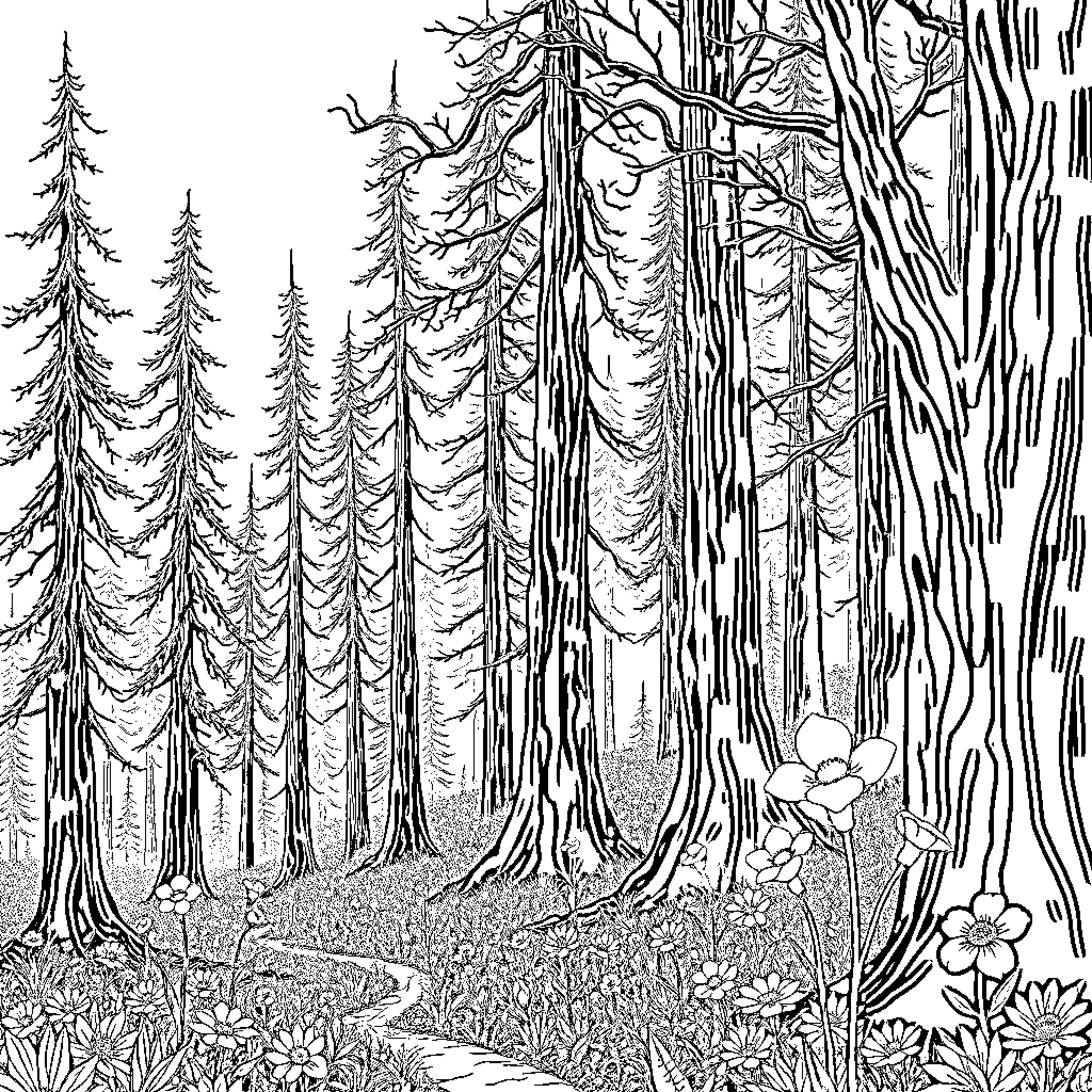 Forest Pathway Through Towering Trees Coloring Page (free black-and-white line drawing printable PDF for all, from beginners to advanced learners, including children, teens, adults, and seniors)