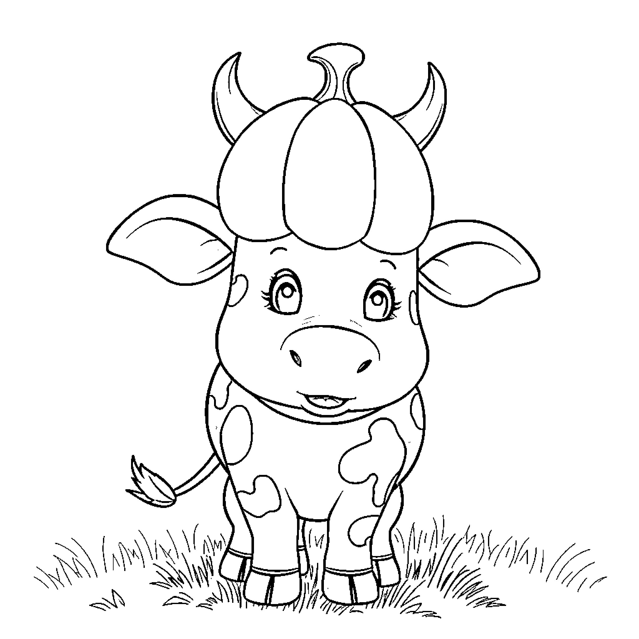 Cow calf playing in the field Coloring Page (free black-and-white line drawing printable PDF for all, from beginners to advanced learners, including children, teens, adults, and seniors)