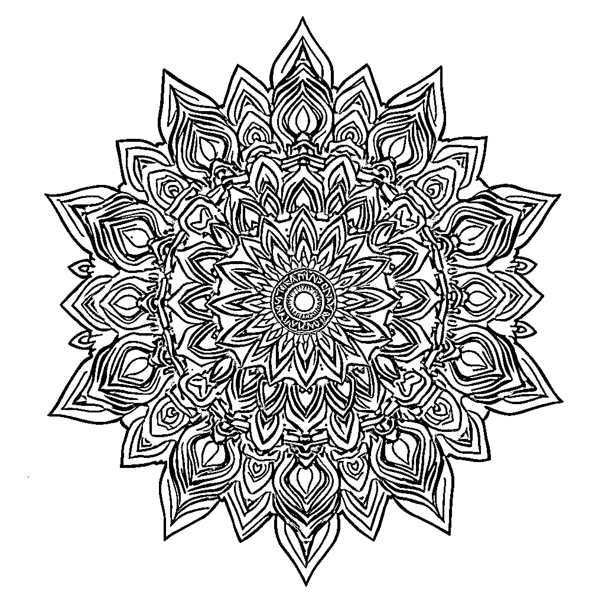 Mandala of intricate symmetrical patterns Coloring Page (free black-and-white line drawing printable PDF for all, from beginners to advanced learners, including children, teens, adults, and seniors)