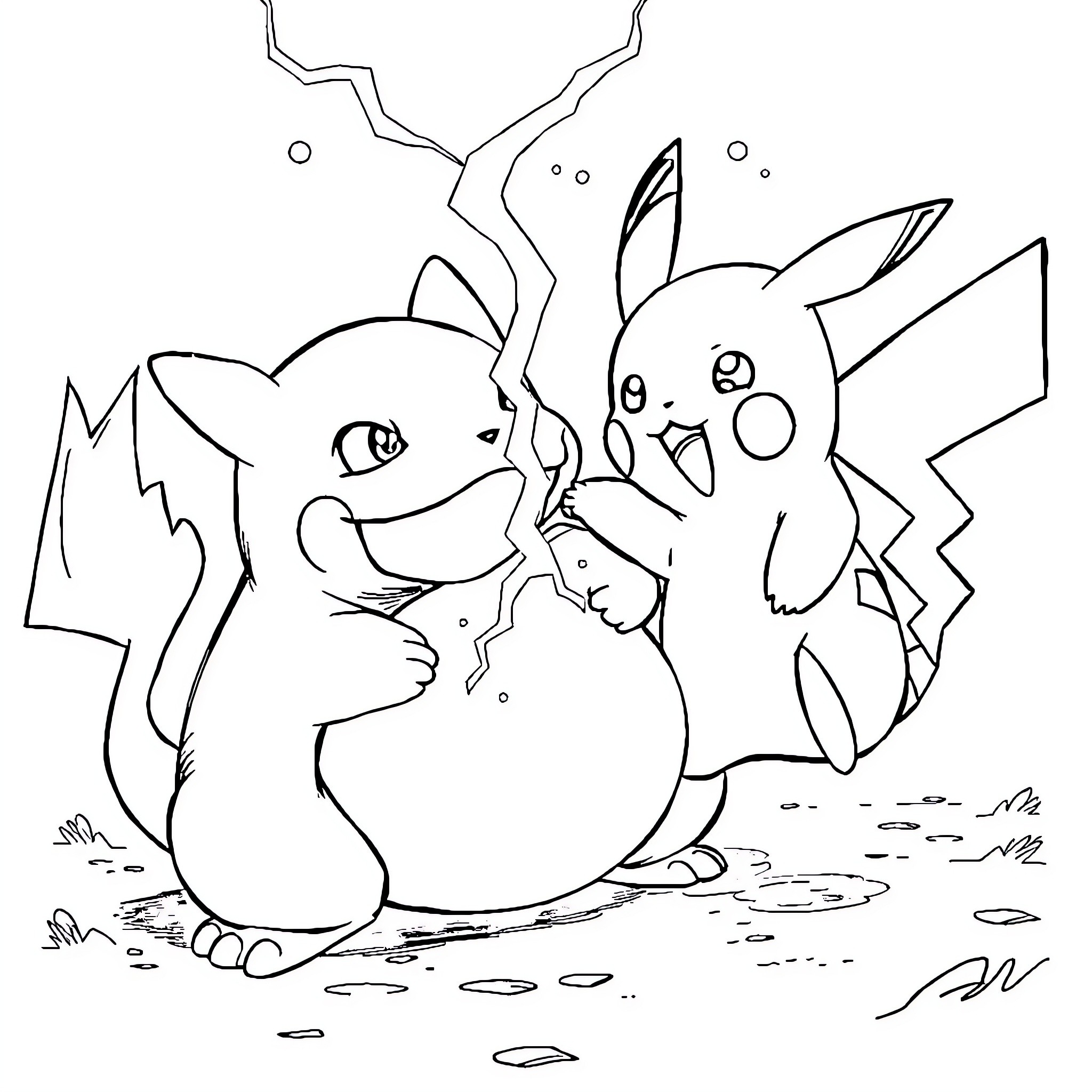 Pikachu playfully interacting with other Pikachu Coloring Page (free black-and-white line drawing printable PDF for all, from beginners to advanced learners, including children, teens, adults, and seniors)