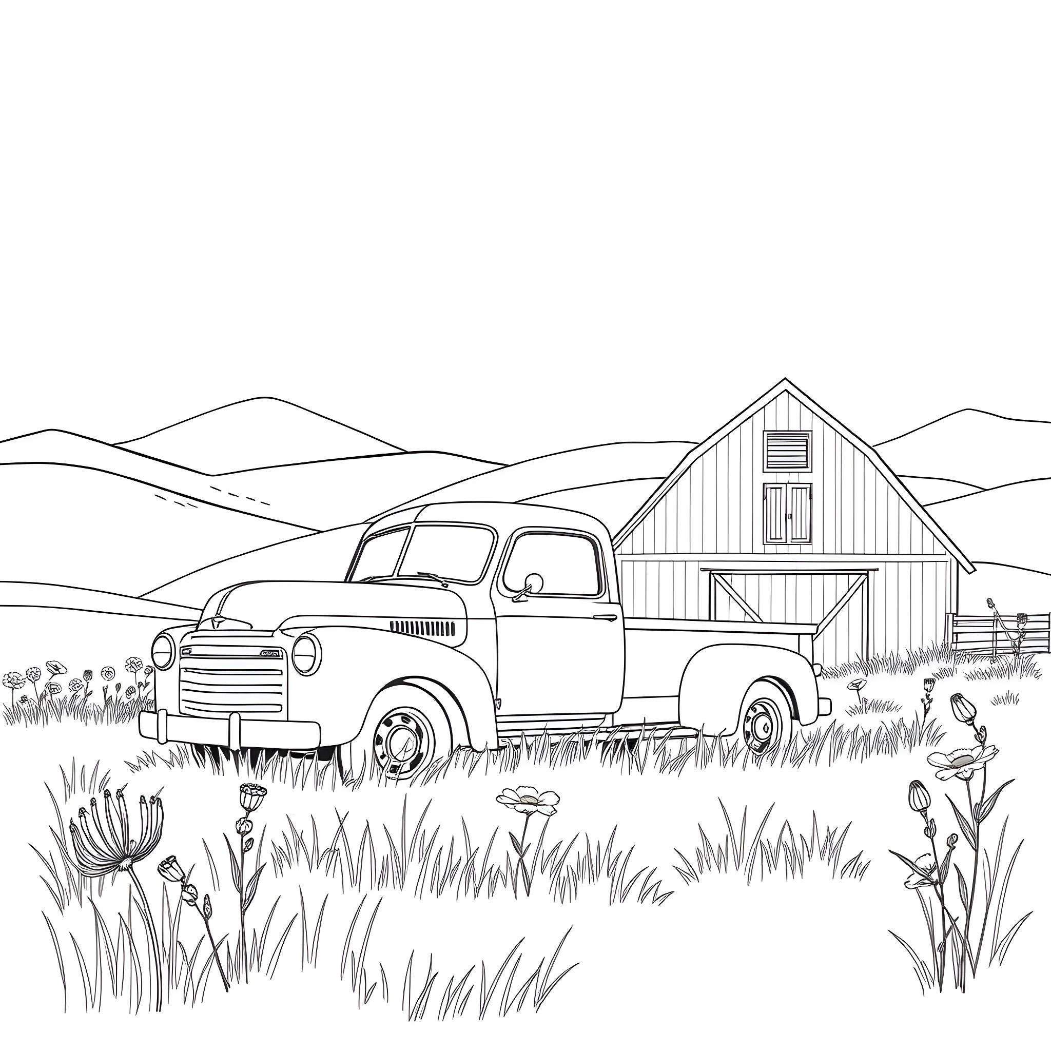 Truck parked in a rural countryside scene Coloring Page (free black-and-white line drawing printable PDF for all, from beginners to advanced learners, including children, teens, adults, and seniors)