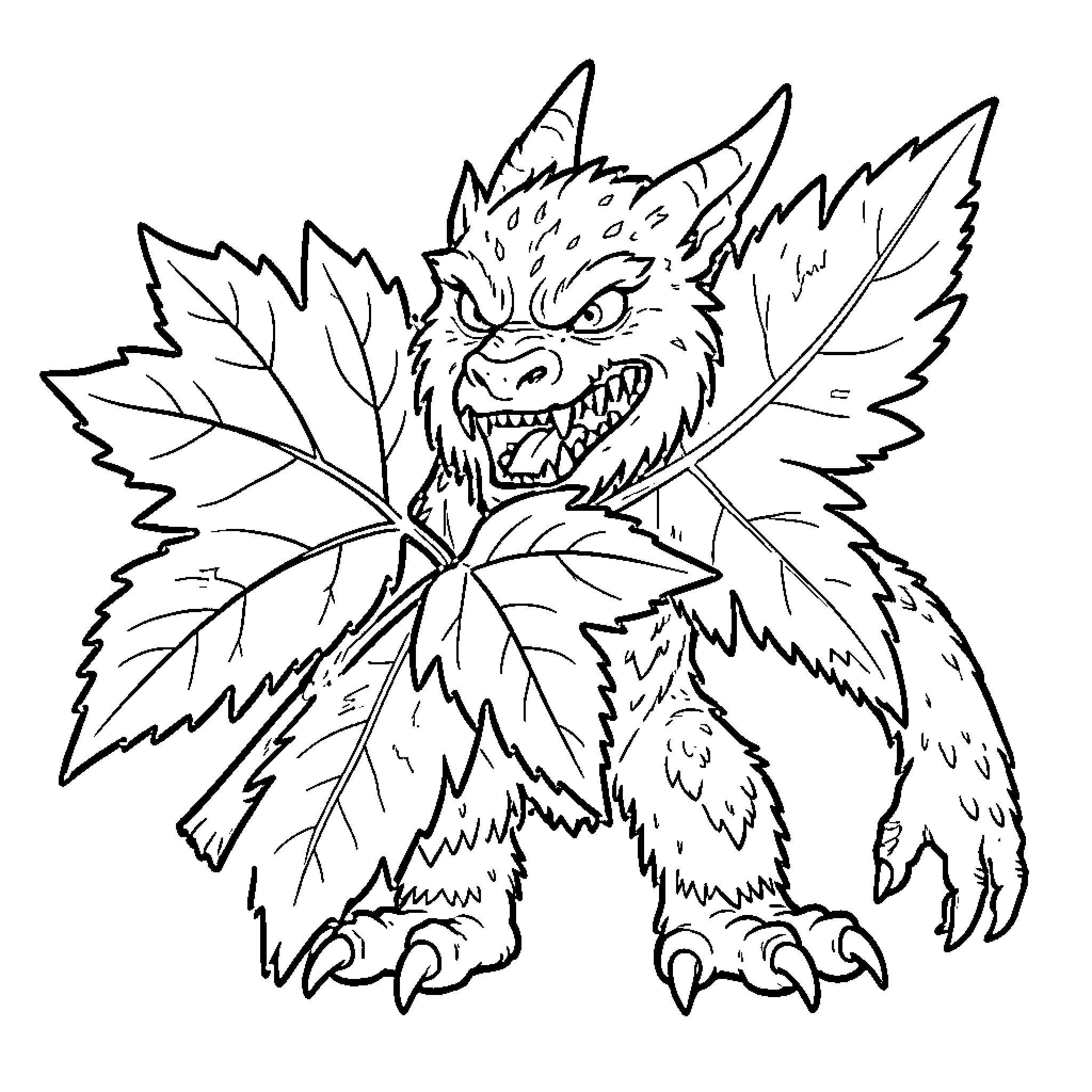 Monstera creature with sharp claws and fierce expression Coloring Page (free black-and-white line drawing printable PDF for all, from beginners to advanced learners, including children, teens, adults, and seniors)