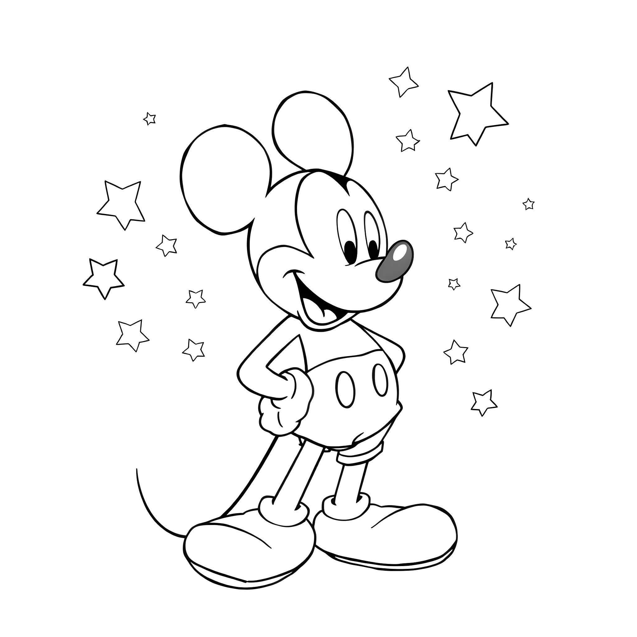 Mickey Mouse smiling among the stars Coloring Page (free black-and-white line drawing printable PDF for all, from beginners to advanced learners, including children, teens, adults, and seniors)