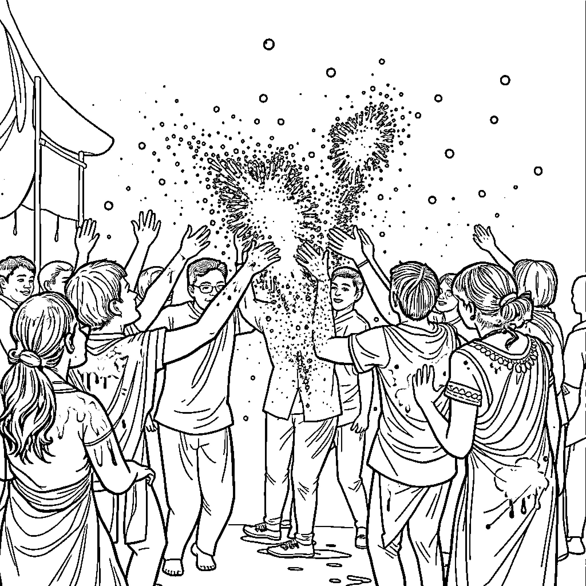 Holi Festival Celebration with Joyful Crowds Coloring Page (free black-and-white line drawing printable PDF for all, from beginners to advanced learners, including children, teens, adults, and seniors)