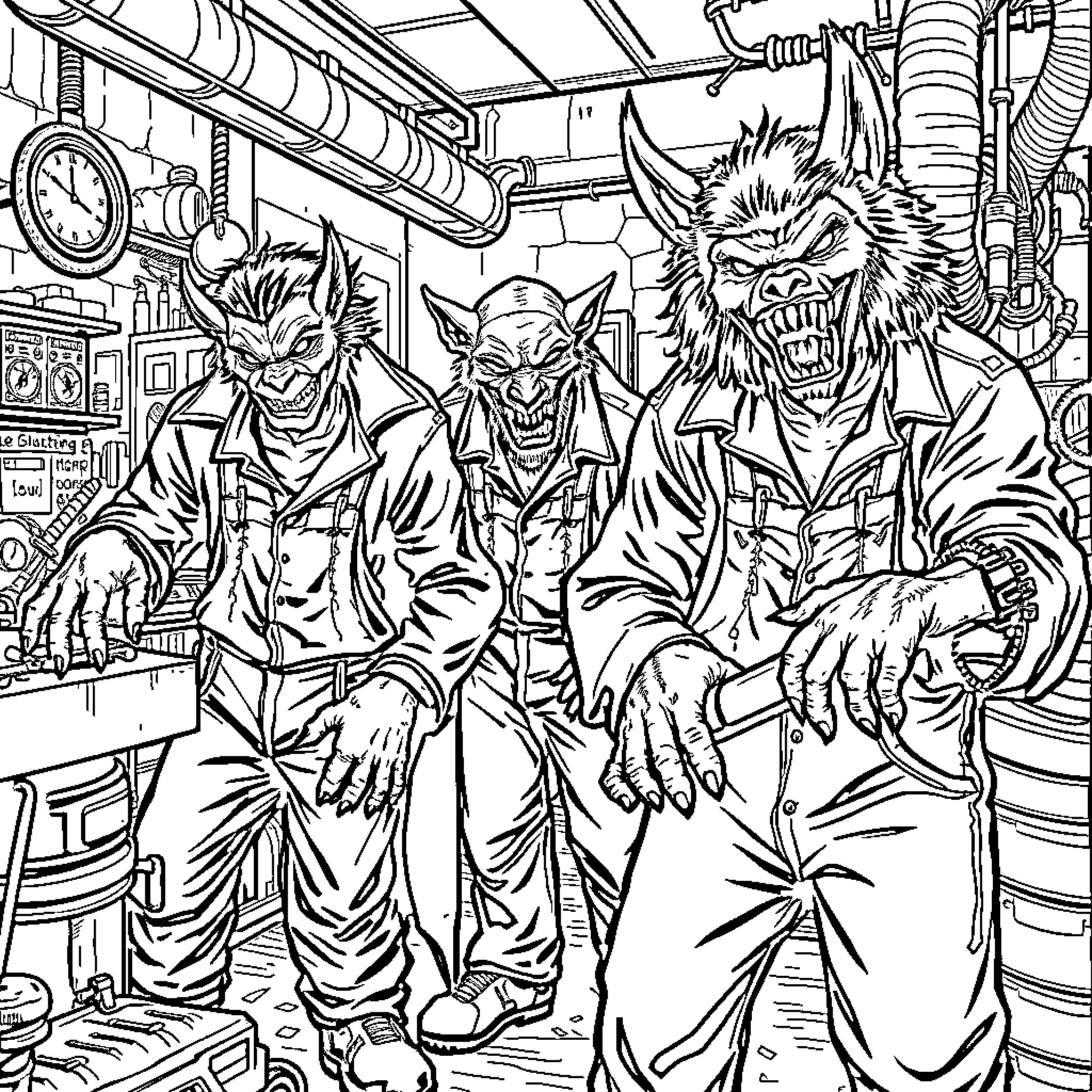 Monster Trio Causing Mischief in Workshop Coloring Page (free black-and-white line drawing printable PDF for all, from beginners to advanced learners, including children, teens, adults, and seniors)