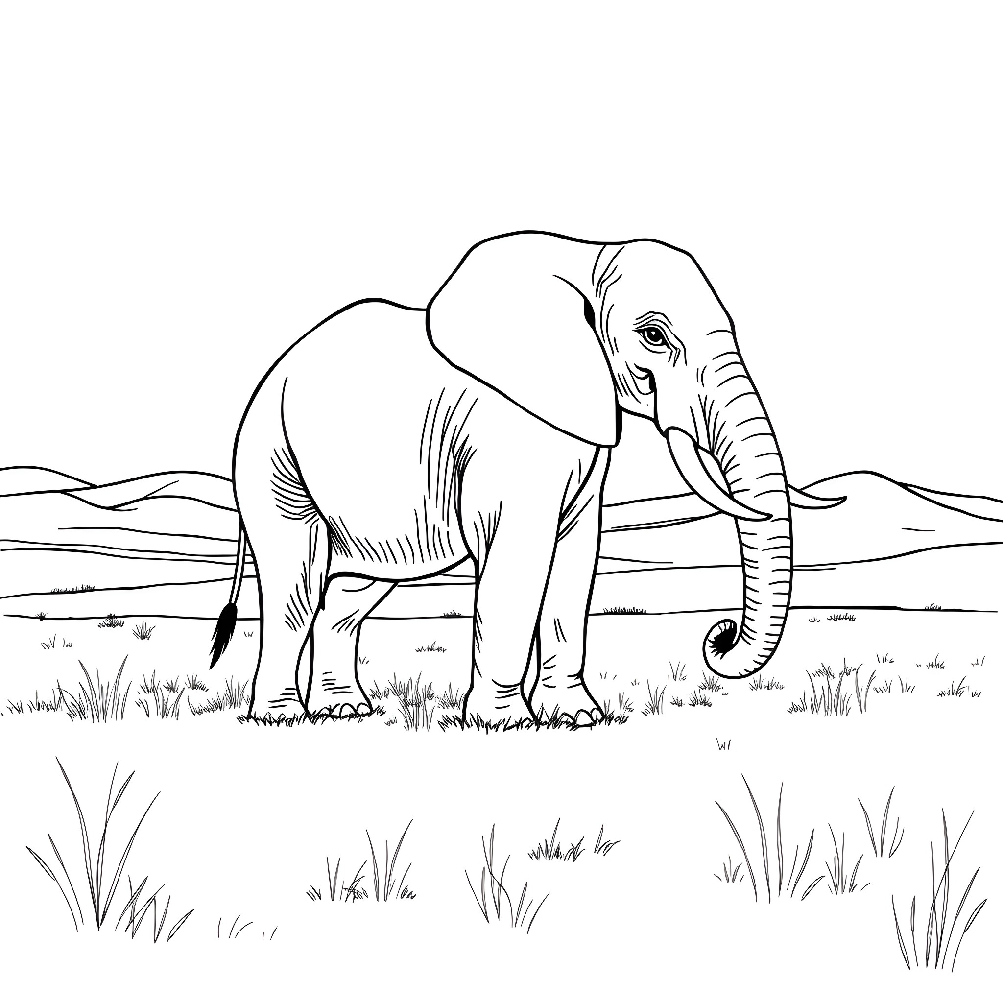 Elephant standing gracefully in a natural setting Coloring Page (free black-and-white line drawing printable PDF for all, from beginners to advanced learners, including children, teens, adults, and seniors)