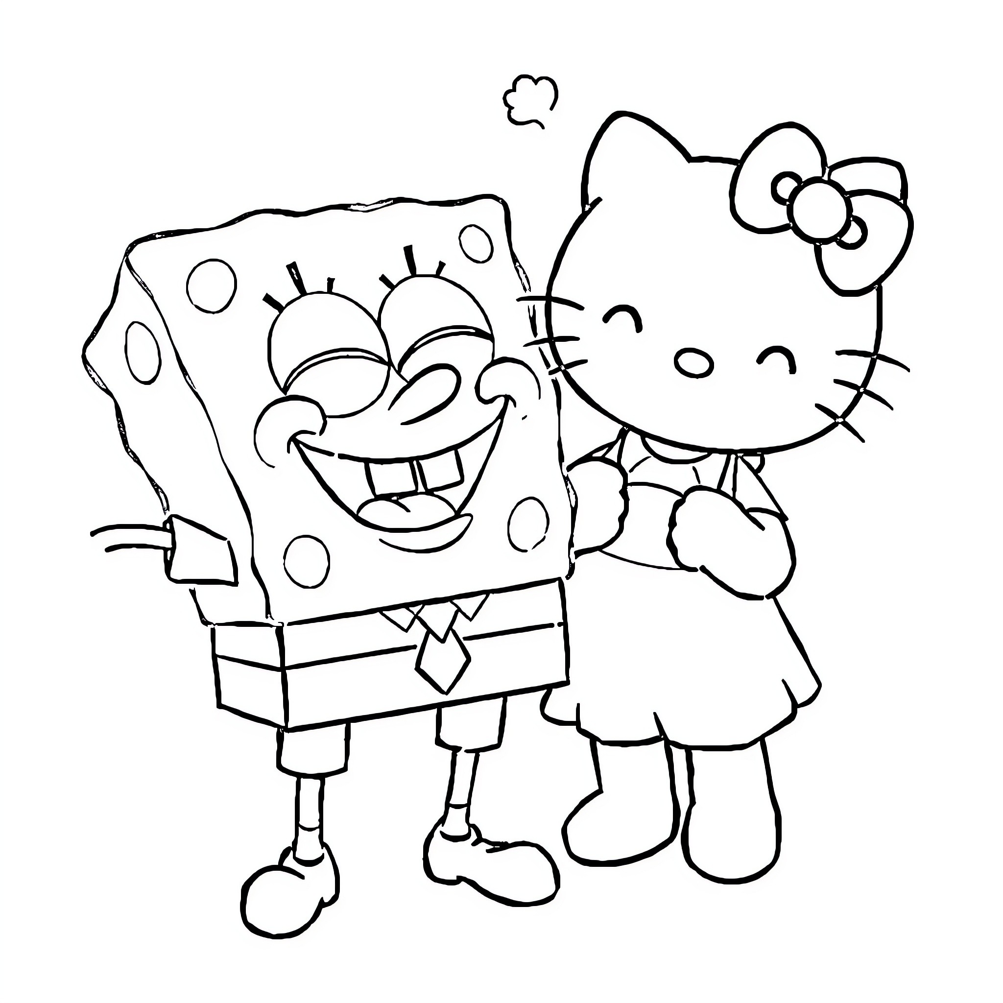 Spongebob and Hello Kitty having a friendly interaction Coloring Page (free black-and-white line drawing printable PDF for all, from beginners to advanced learners, including children, teens, adults, and seniors)