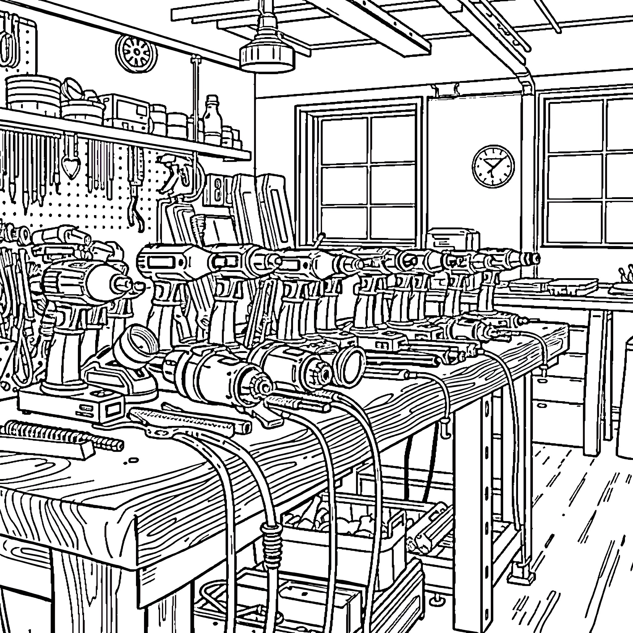 Power Tool Workshop with Assortment of Equipment Coloring Page (free black-and-white line drawing printable PDF for all, from beginners to advanced learners, including children, teens, adults, and seniors)