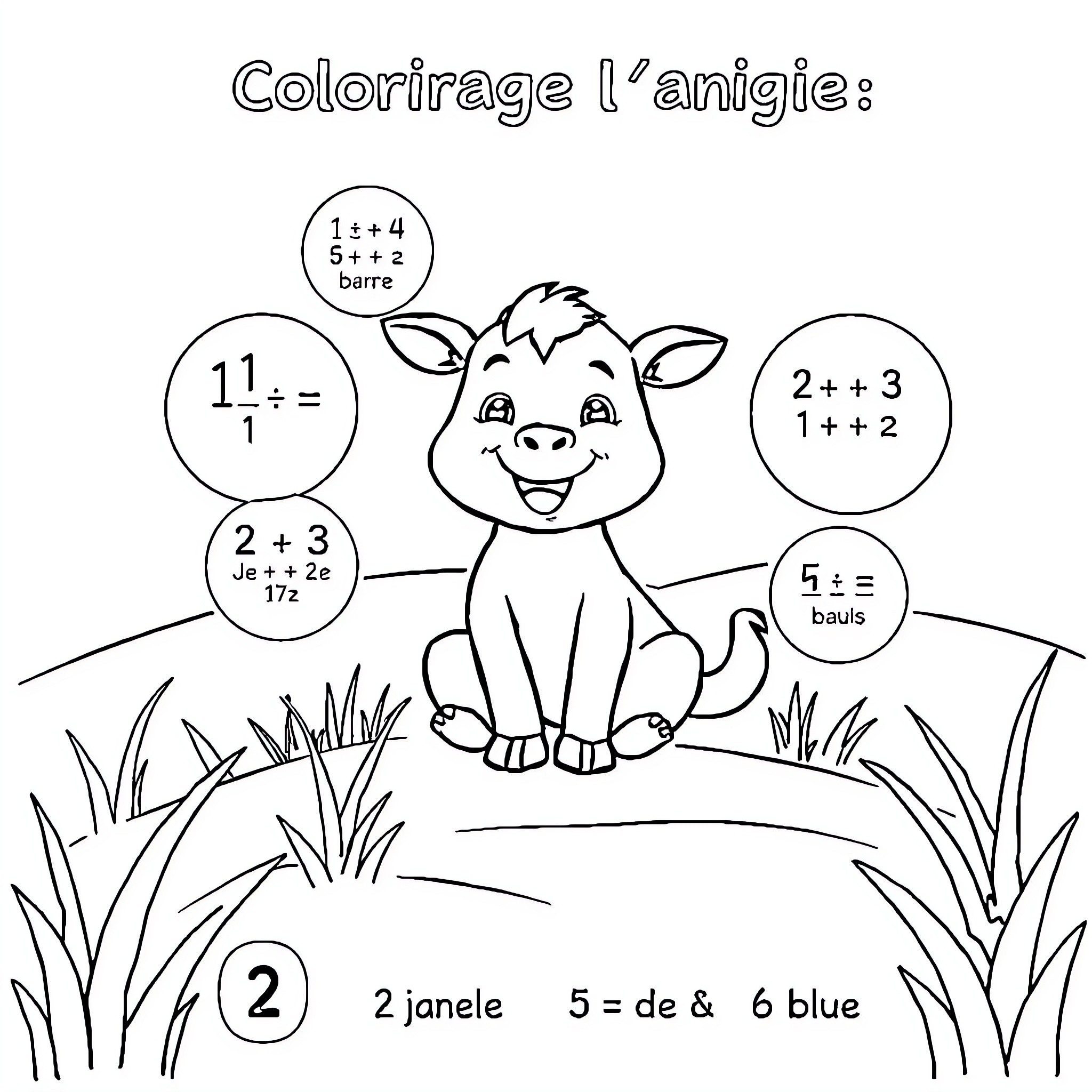 Animal solving math problems with expressions Coloring Page (free black-and-white line drawing printable PDF for all, from beginners to advanced learners, including children, teens, adults, and seniors)