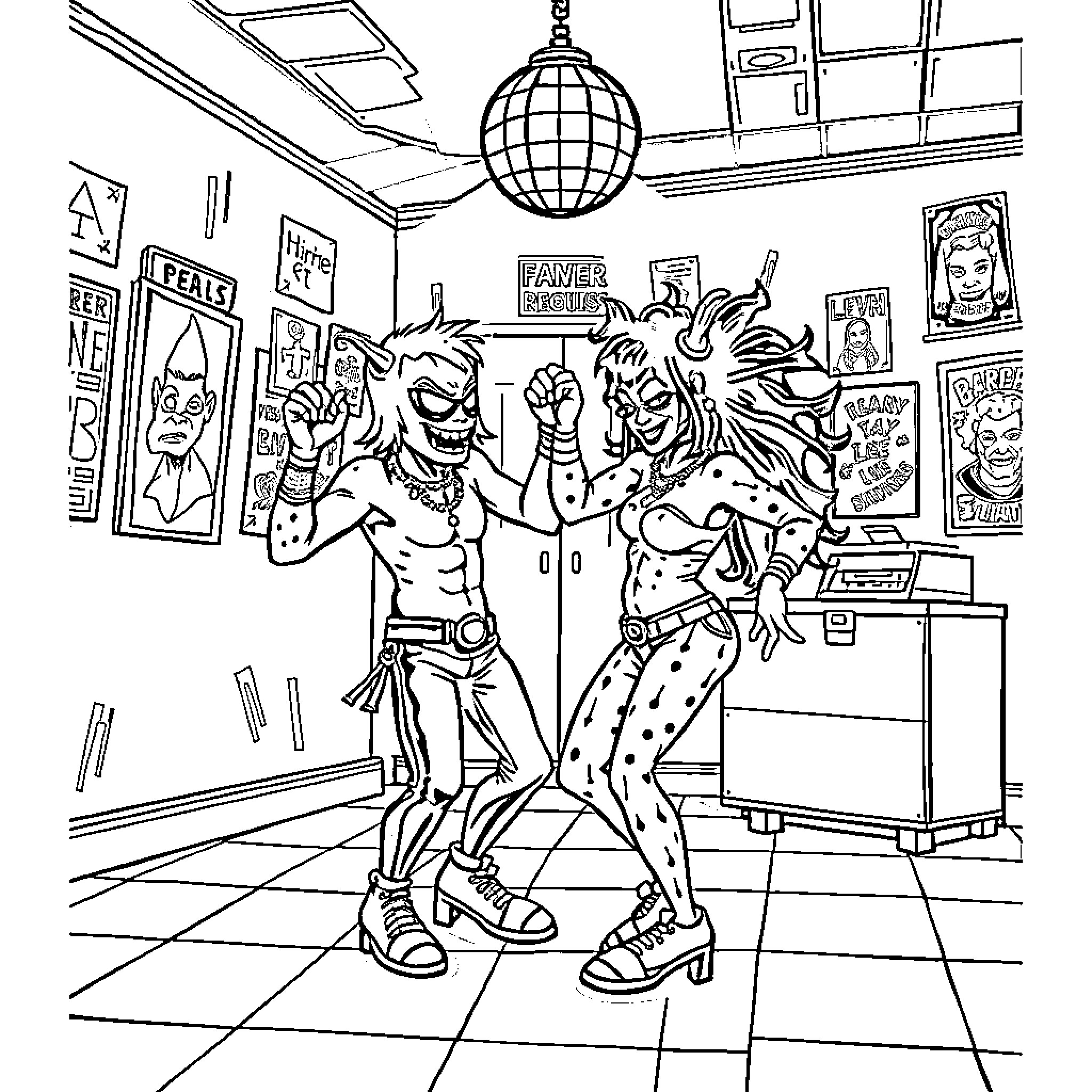 Dancers celebrating in a lively music venue Coloring Page (free black-and-white line drawing printable PDF for all, from beginners to advanced learners, including children, teens, adults, and seniors)