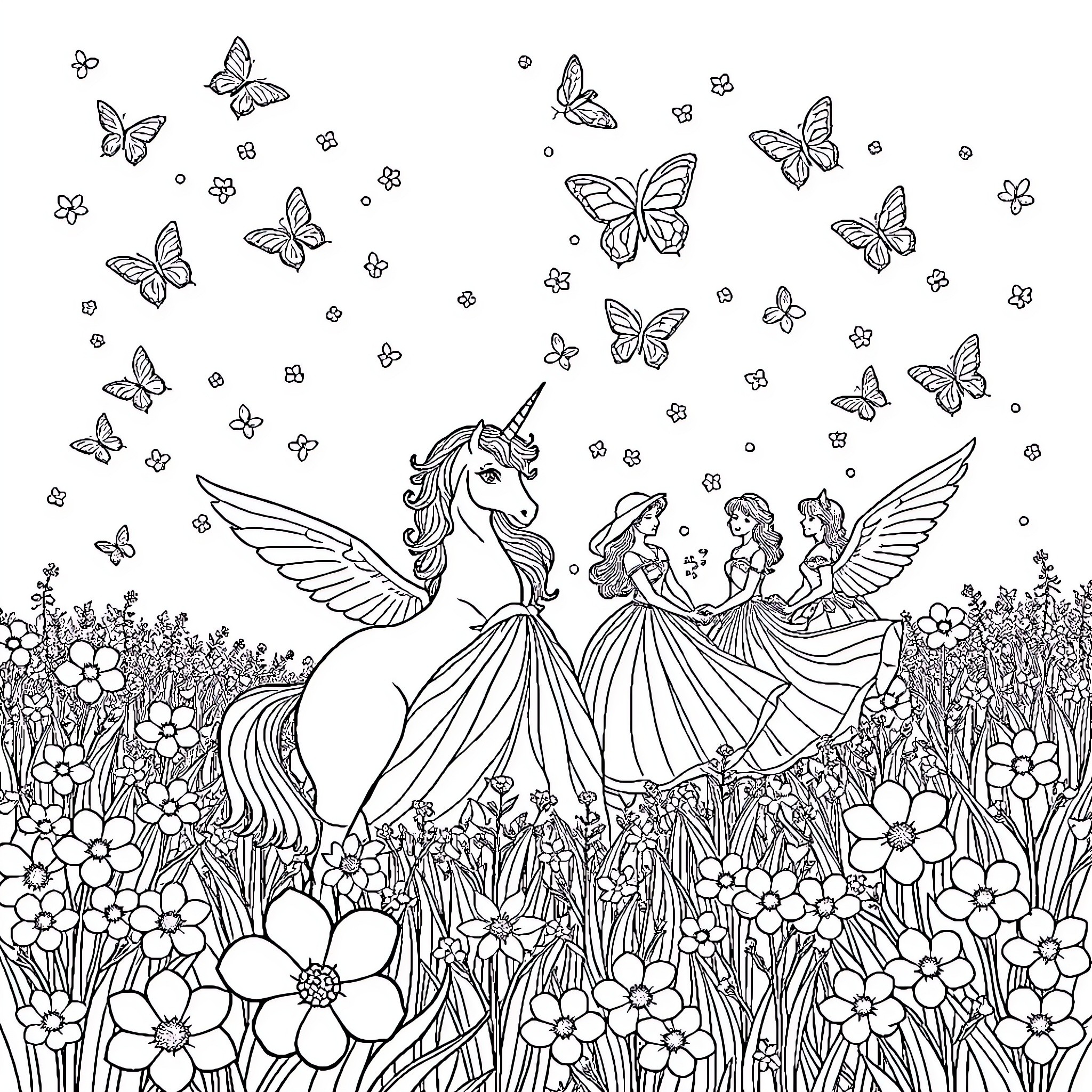 Unicorn dancing with fairy companions in a magical floral meadow Coloring Page (free black-and-white line drawing printable PDF for all, from beginners to advanced learners, including children, teens, adults, and seniors)