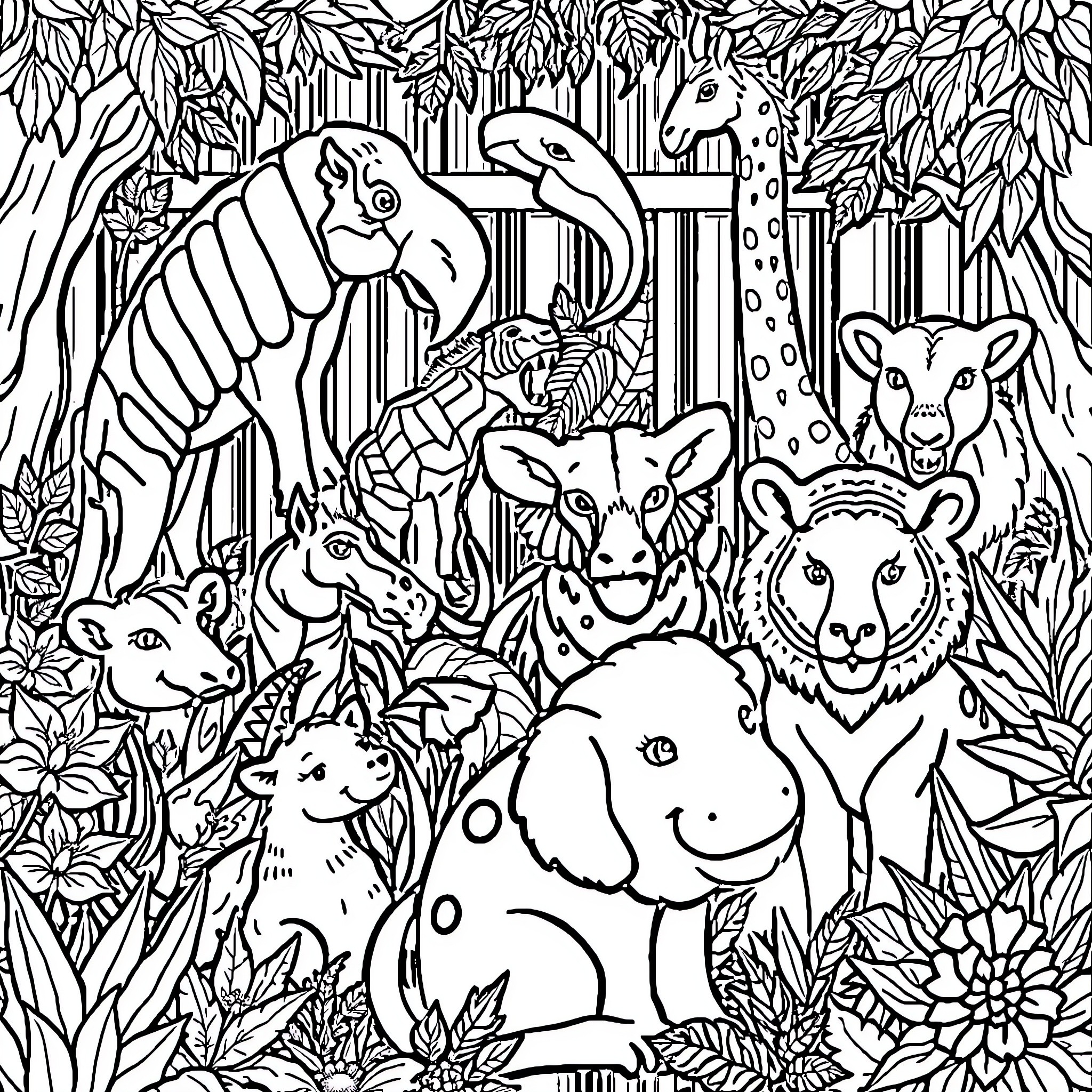 Animal Gathering in the Lush Wilderness Coloring Page (free black-and-white line drawing printable PDF for all, from beginners to advanced learners, including children, teens, adults, and seniors)