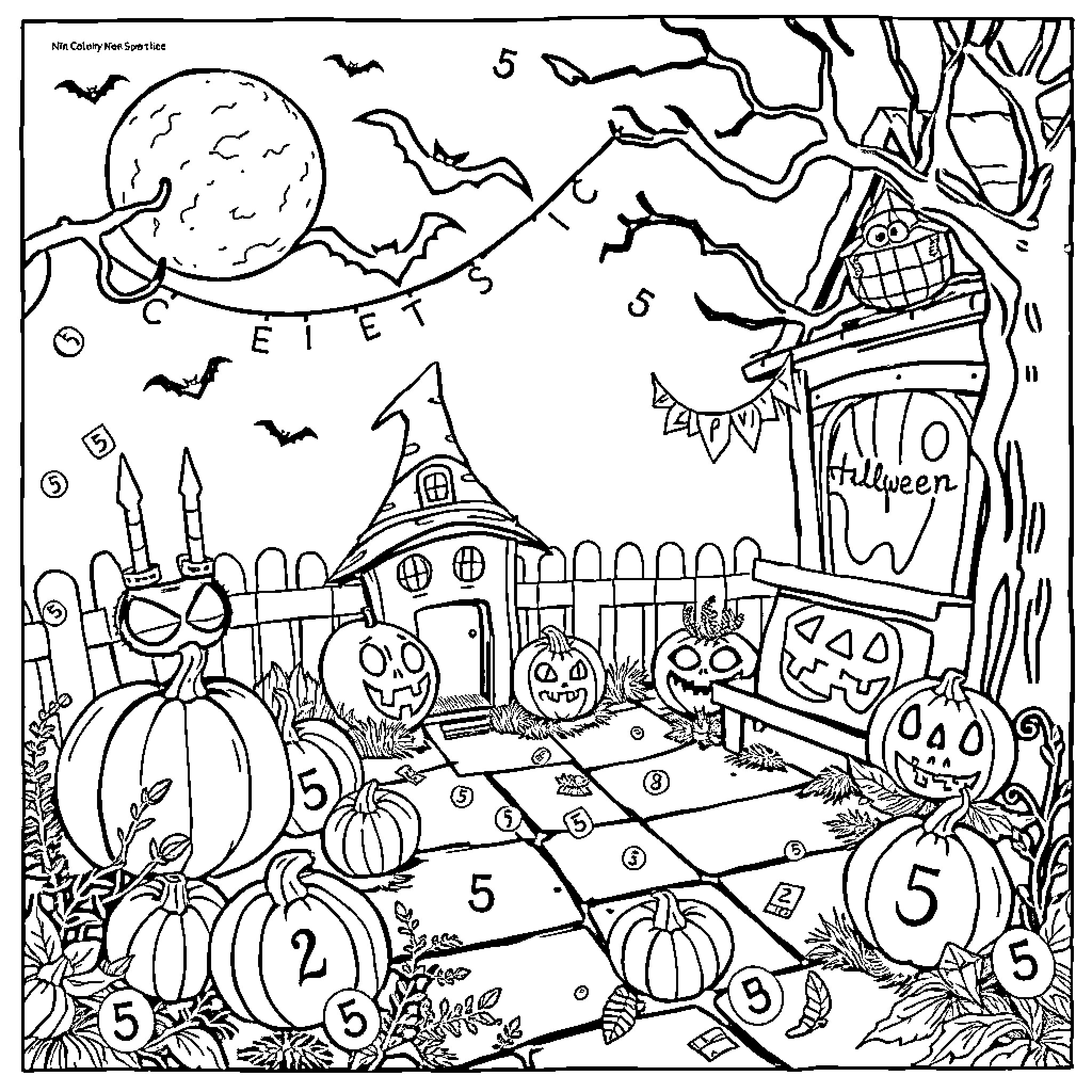 Halloween spooky scene with haunted house and pumpkins Coloring Page (free black-and-white line drawing printable PDF for all, from beginners to advanced learners, including children, teens, adults, and seniors)