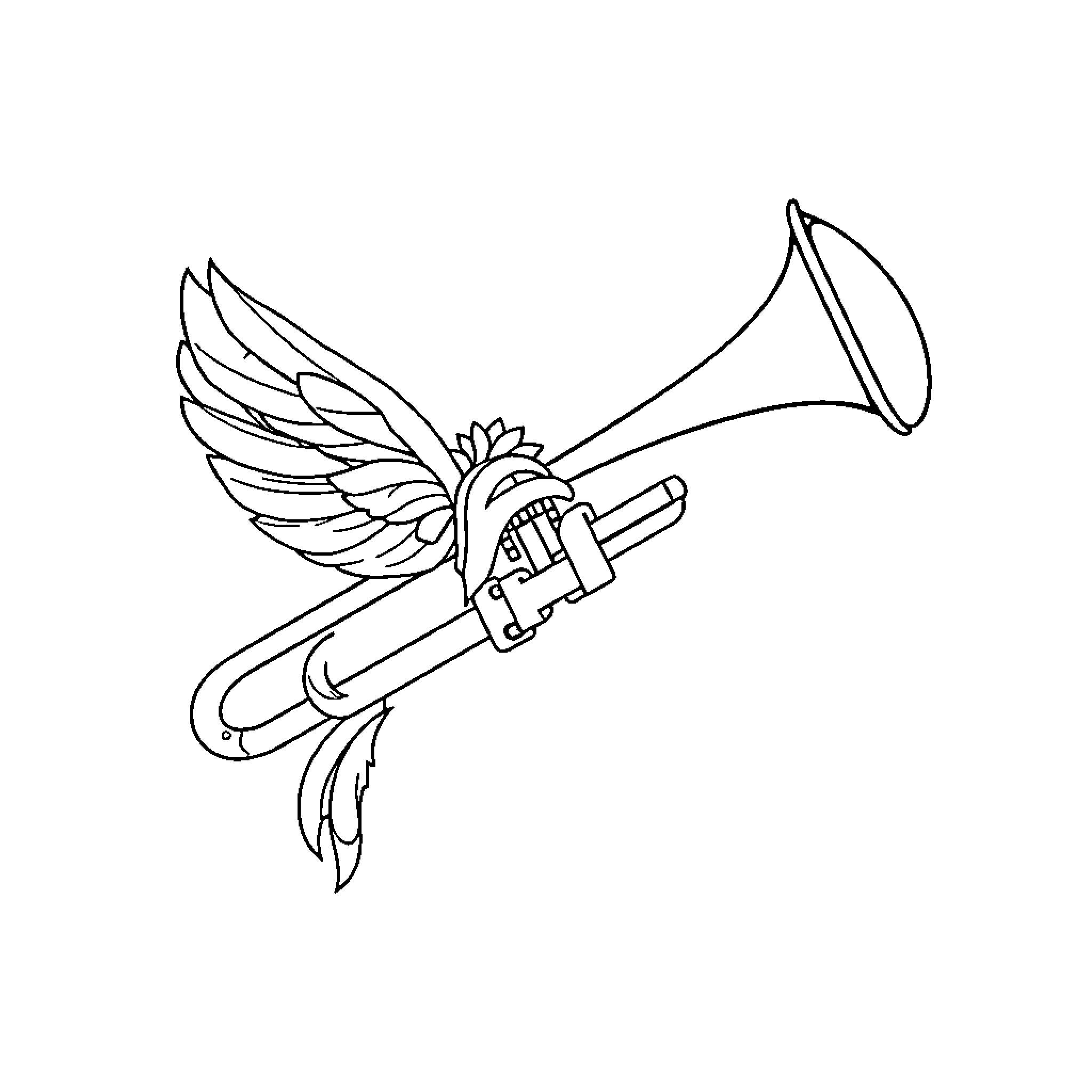Rocket Playing a Musical Instrument with Wings Coloring Page (free black-and-white line drawing printable PDF for all, from beginners to advanced learners, including children, teens, adults, and seniors)