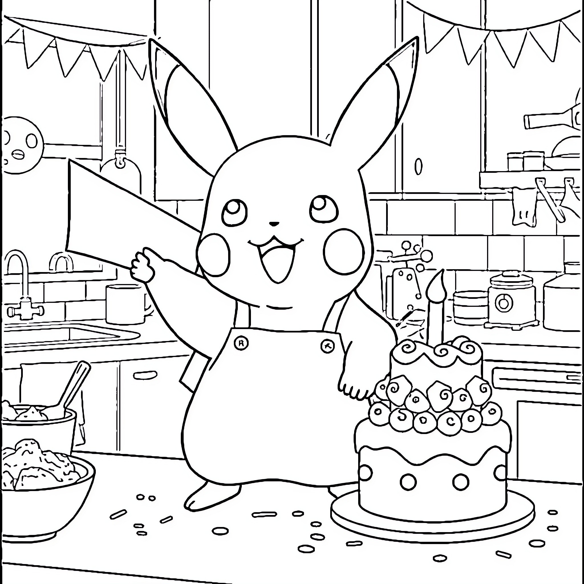 Pikachu celebrating birthday with cake and decorations Coloring Page (free black-and-white line drawing printable PDF for all, from beginners to advanced learners, including children, teens, adults, and seniors)