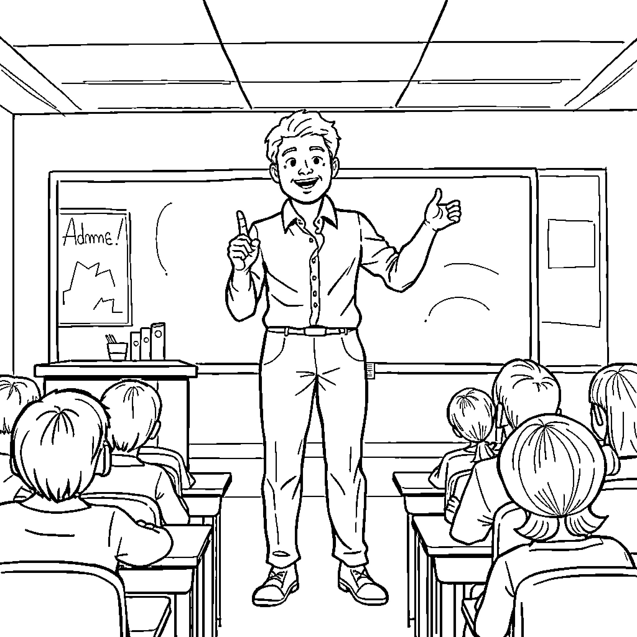 Teacher giving an engaging lesson in classroom Coloring Page (free black-and-white line drawing printable PDF for all, from beginners to advanced learners, including children, teens, adults, and seniors)