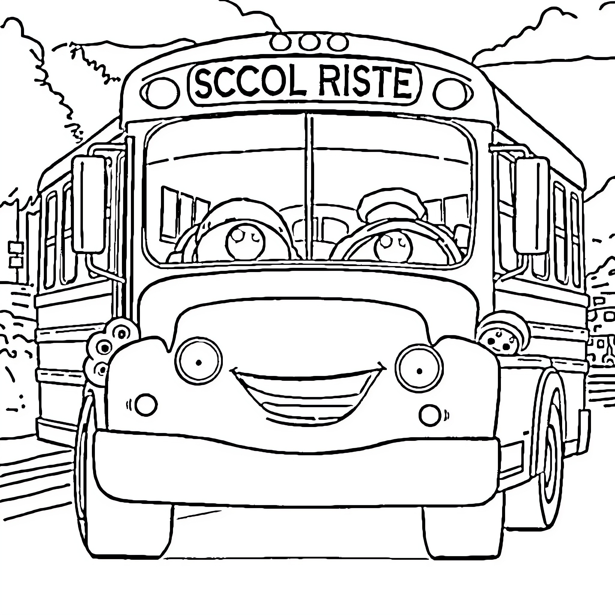 Miss Fritter's cheerful school bus journey Coloring Page (free black-and-white line drawing printable PDF for all, from beginners to advanced learners, including children, teens, adults, and seniors)