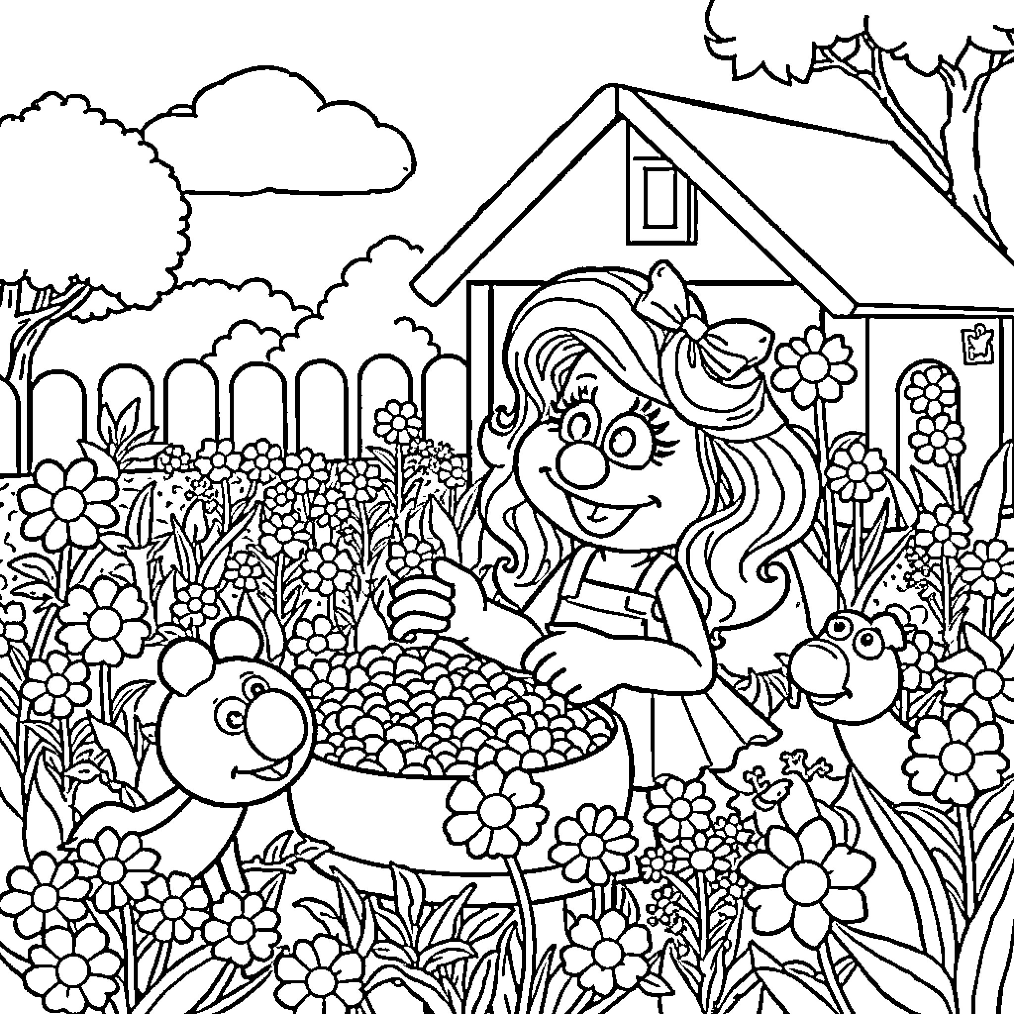 Abby Cadabby playing in a garden full of flowers Coloring Page (free black-and-white line drawing printable PDF for all, from beginners to advanced learners, including children, teens, adults, and seniors)