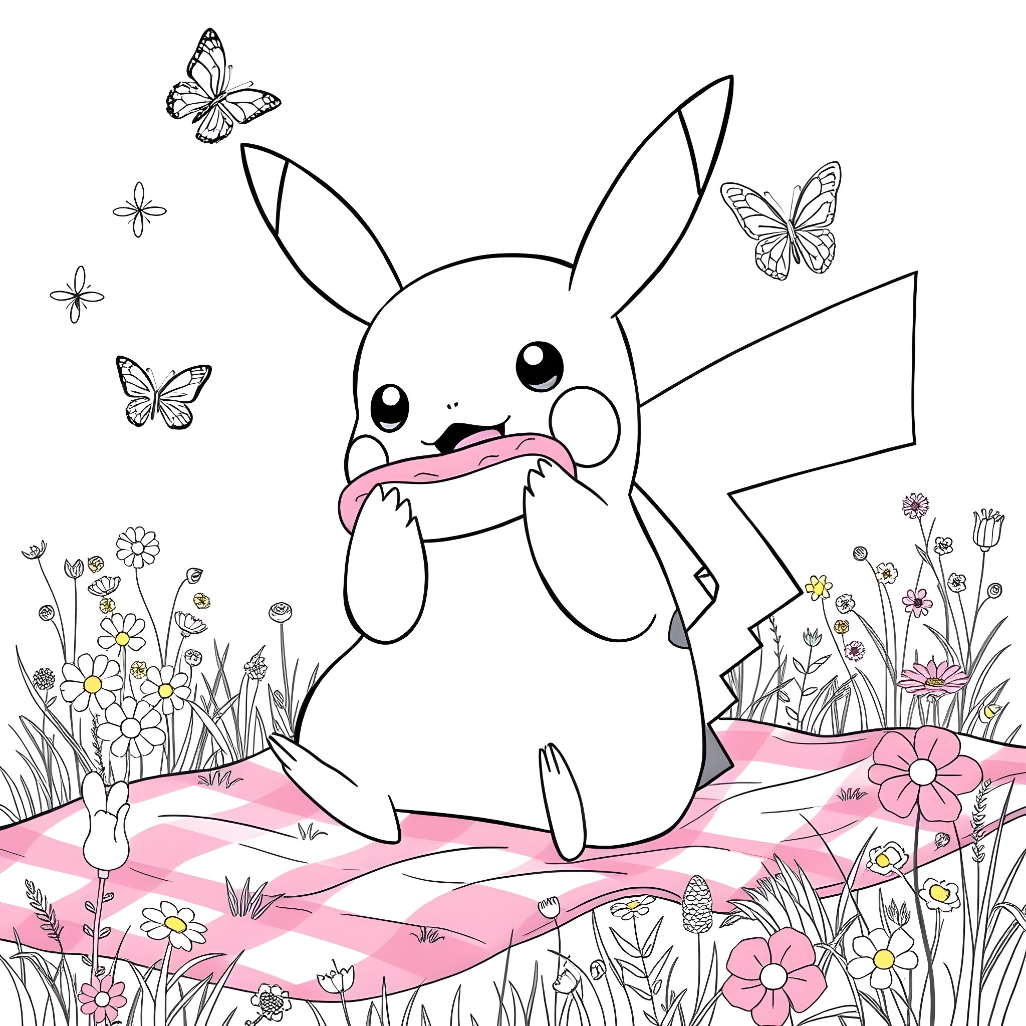 Pikachu enjoying a day in the meadow with butterflies Coloring Page (free black-and-white line drawing printable PDF for all, from beginners to advanced learners, including children, teens, adults, and seniors)
