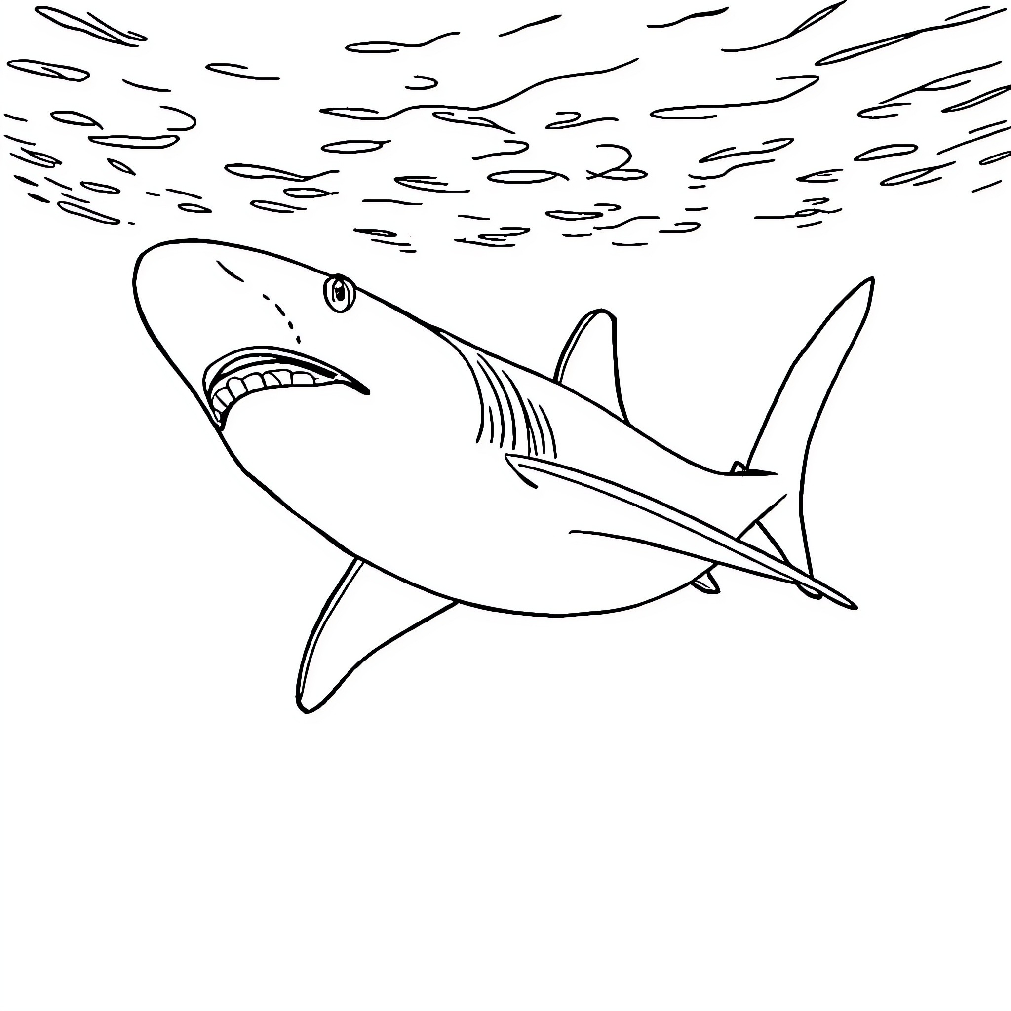 Shark swimming in the ocean Coloring Page (free black-and-white line drawing printable PDF for all, from beginners to advanced learners, including children, teens, adults, and seniors)