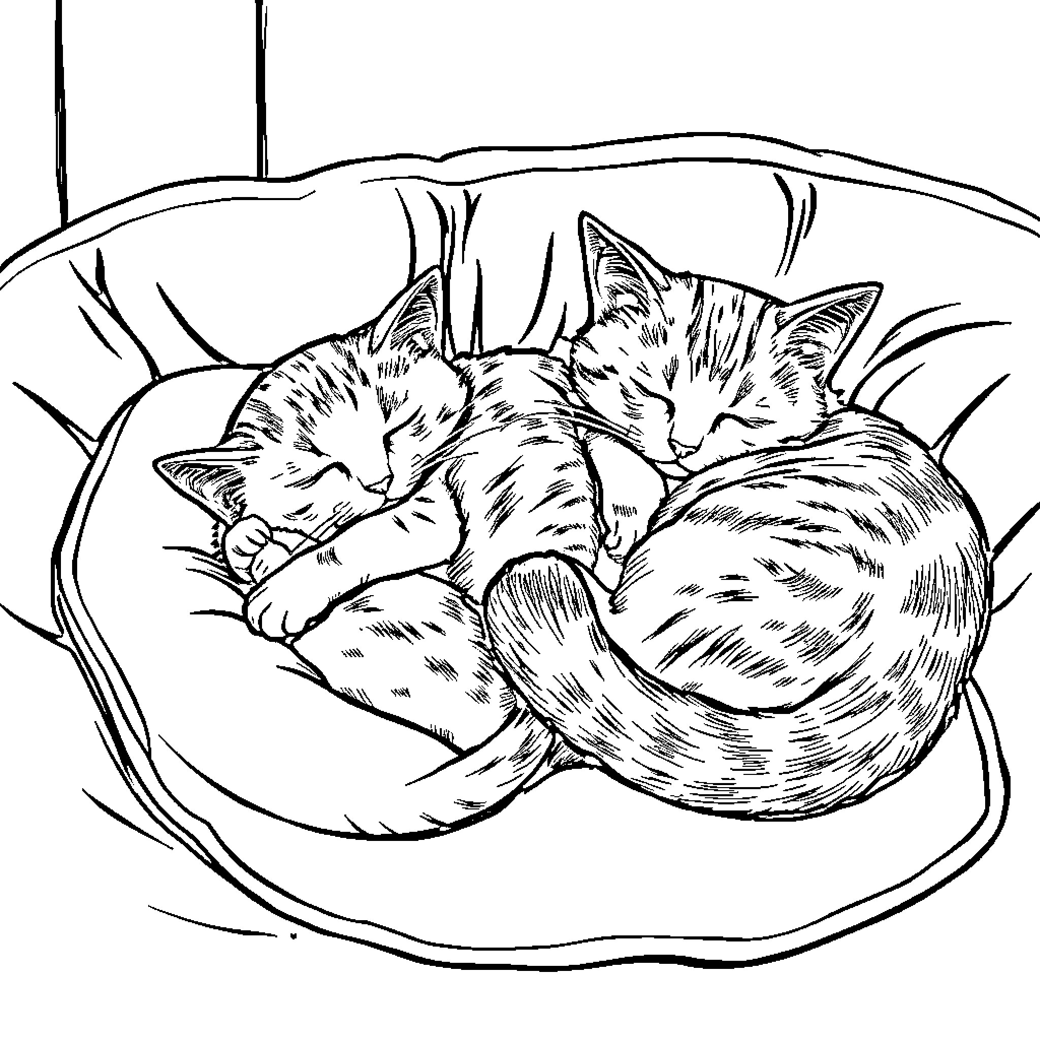 Cat Sleeping Peacefully in Cozy Bed Coloring Page (free black-and-white line drawing printable PDF for all, from beginners to advanced learners, including children, teens, adults, and seniors)