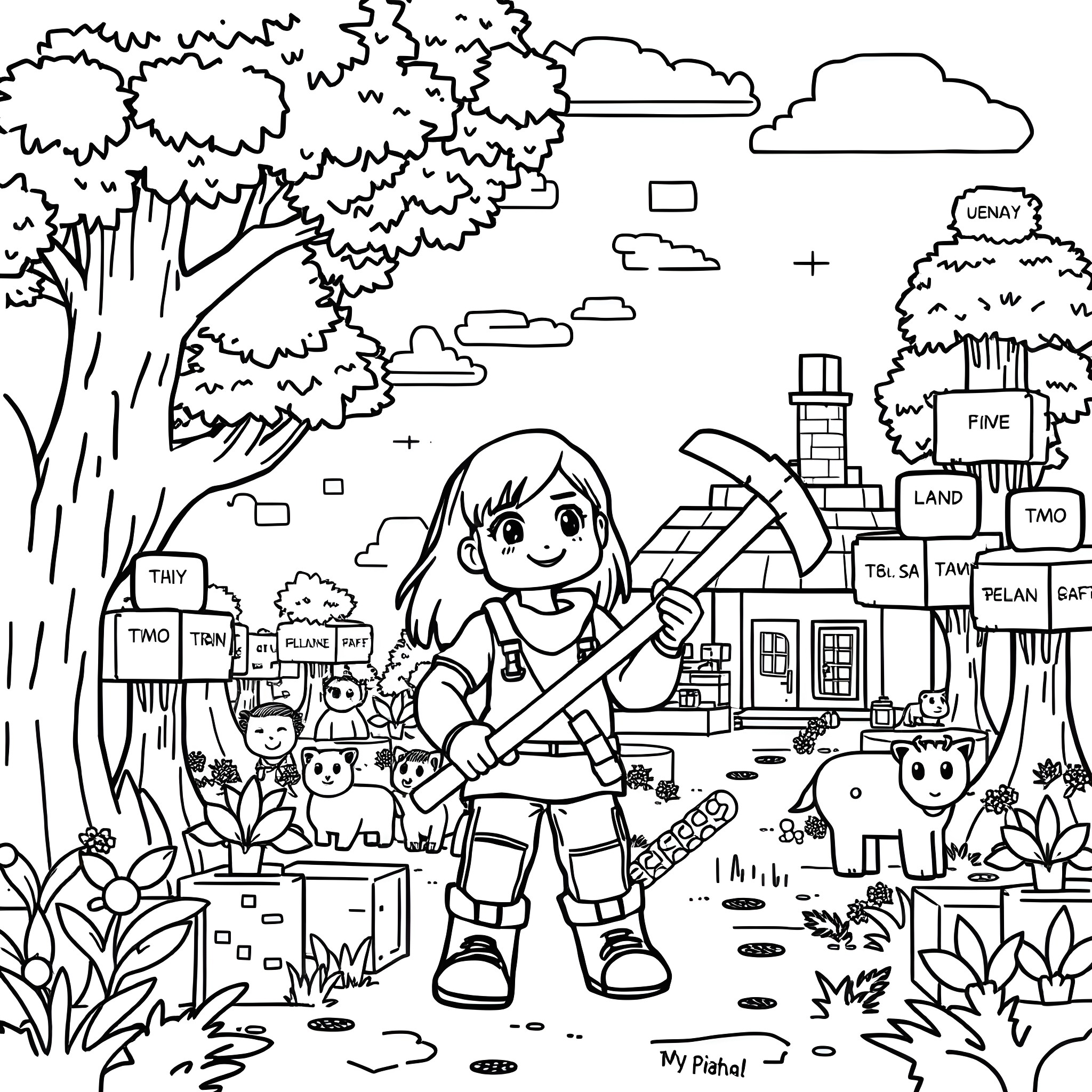 Minecraft character exploring the natural landscape Coloring Page (free black-and-white line drawing printable PDF for all, from beginners to advanced learners, including children, teens, adults, and seniors)