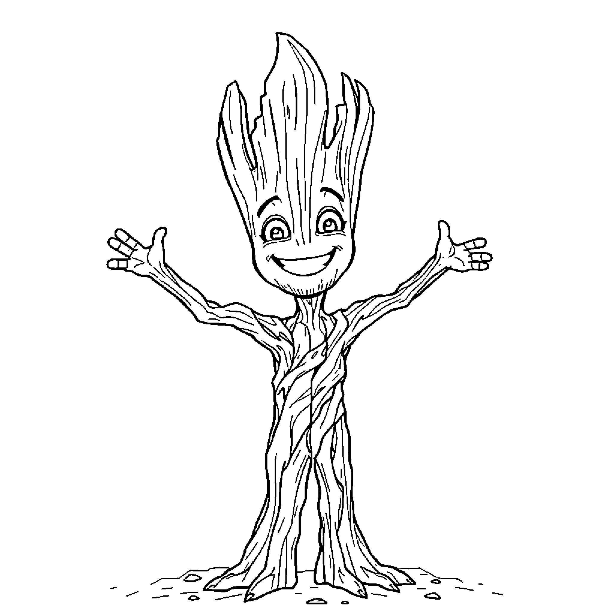 Groot delightfully dancing and spreading his arms Coloring Page (free black-and-white line drawing printable PDF for all, from beginners to advanced learners, including children, teens, adults, and seniors)