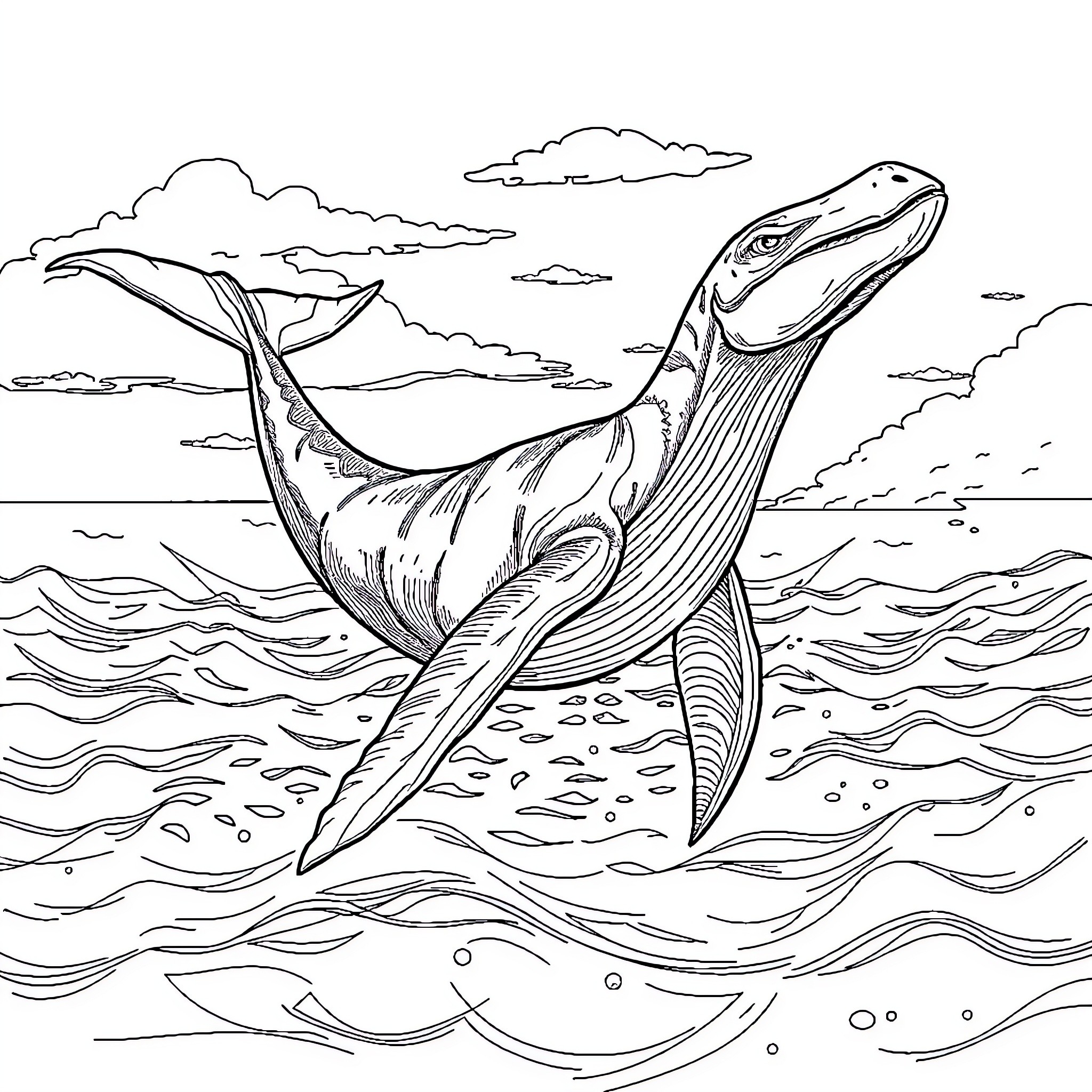 Whale Dinosaur surfacing above the ocean waves Coloring Page (free black-and-white line drawing printable PDF for all, from beginners to advanced learners, including children, teens, adults, and seniors)