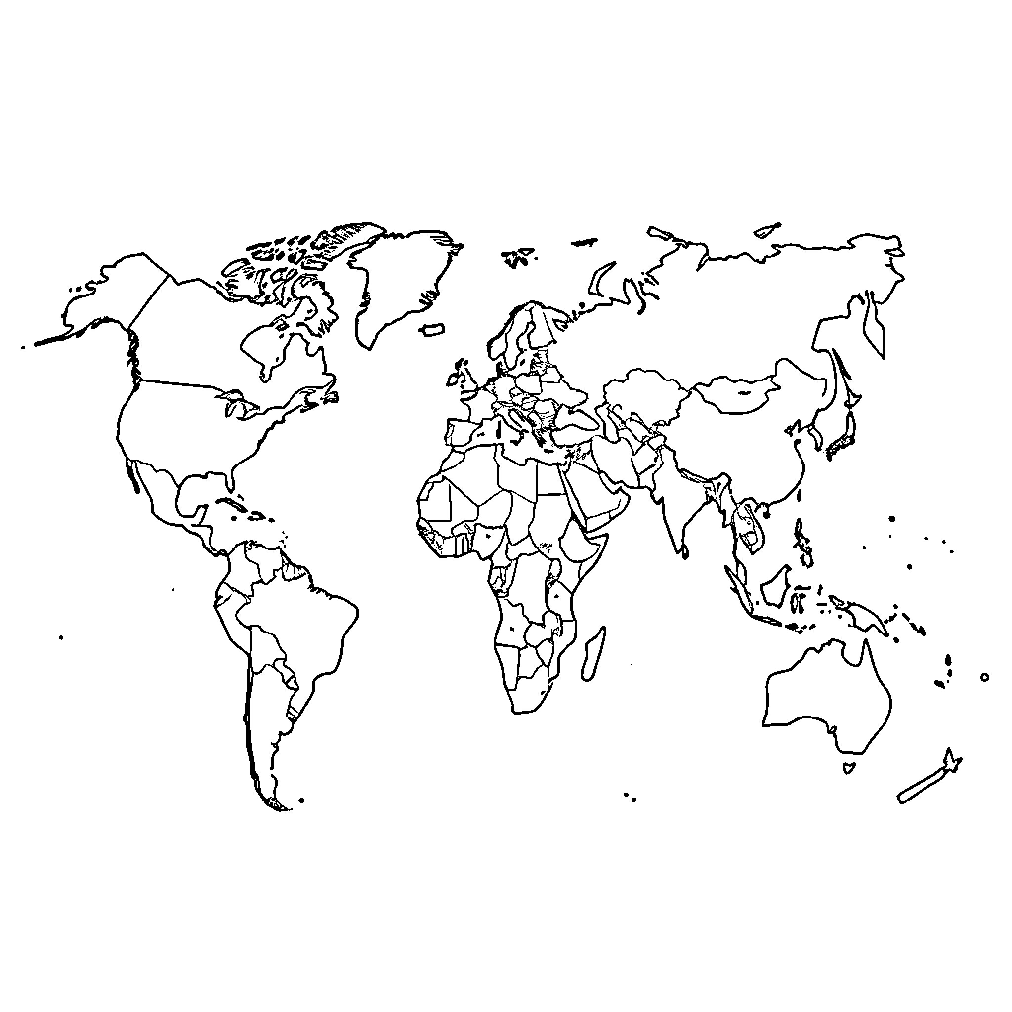 World Map Outline with Continents and Countries Coloring Page (free black-and-white line drawing printable PDF for all, from beginners to advanced learners, including children, teens, adults, and seniors)