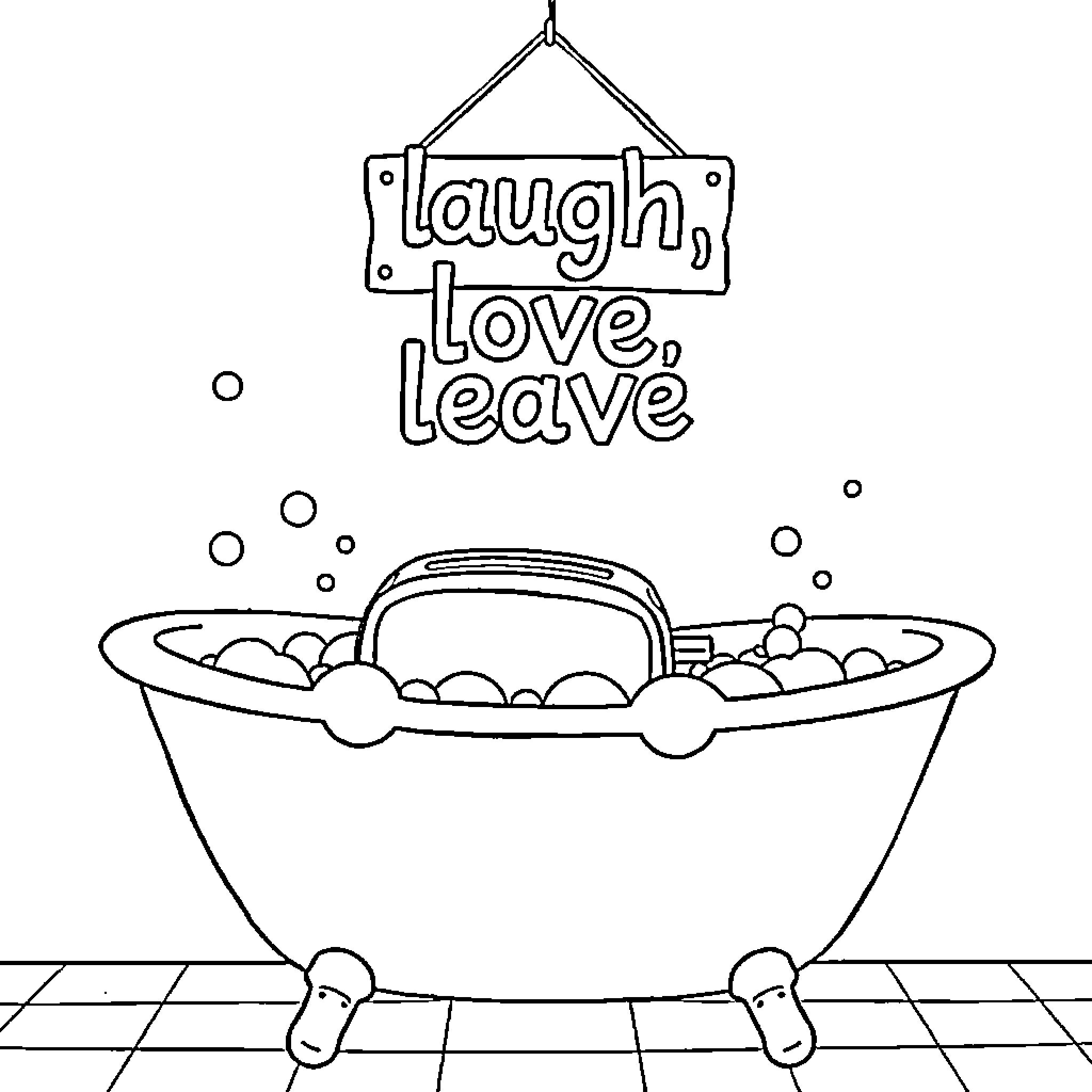 Bathtub with a humorous sign Coloring Page (free black-and-white line drawing printable PDF for all, from beginners to advanced learners, including children, teens, adults, and seniors)