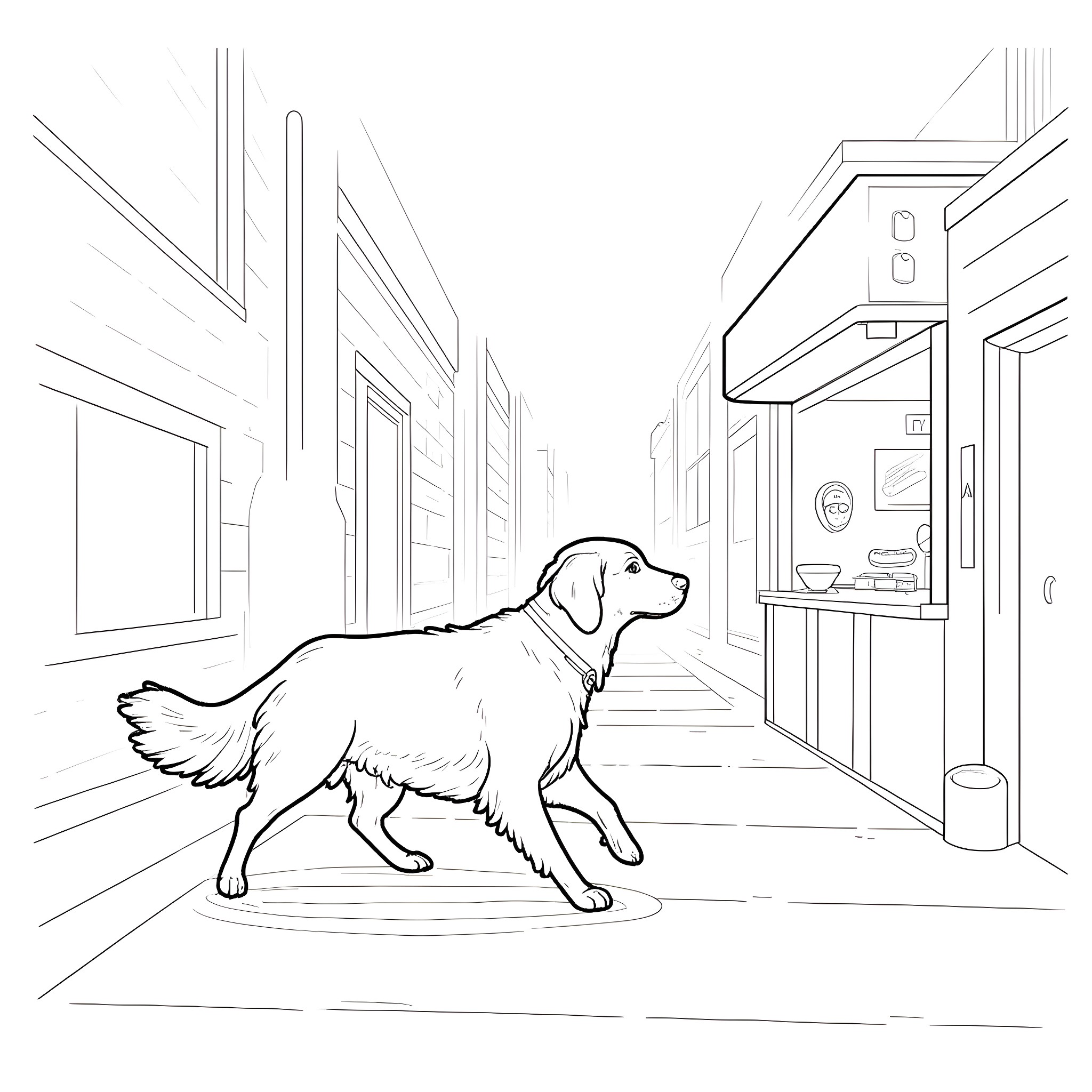 Dog exploring a hallway Coloring Page (free black-and-white line drawing printable PDF for all, from beginners to advanced learners, including children, teens, adults, and seniors)