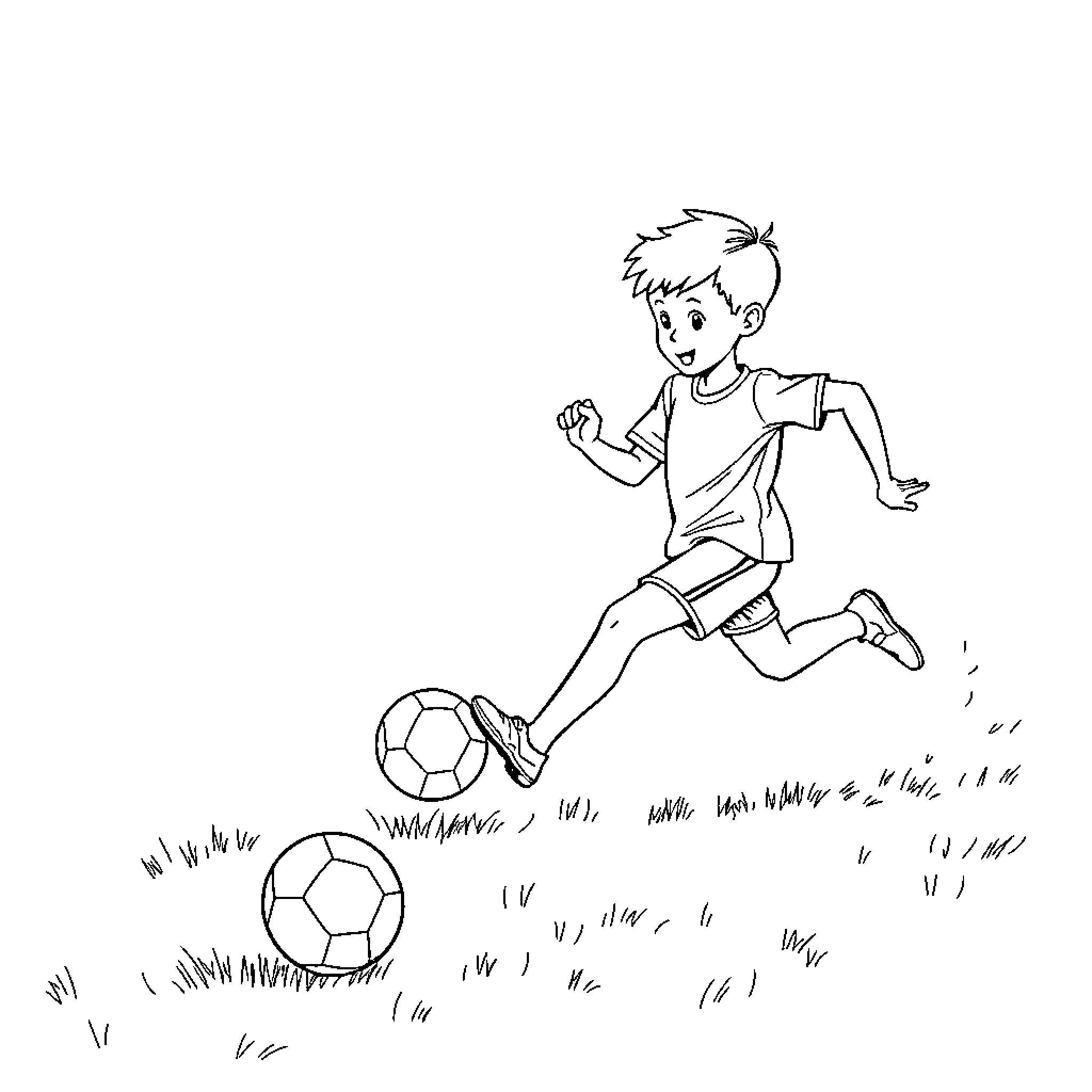 Boy playing with soccer balls on field Coloring Page (free black-and-white line drawing printable PDF for all, from beginners to advanced learners, including children, teens, adults, and seniors)