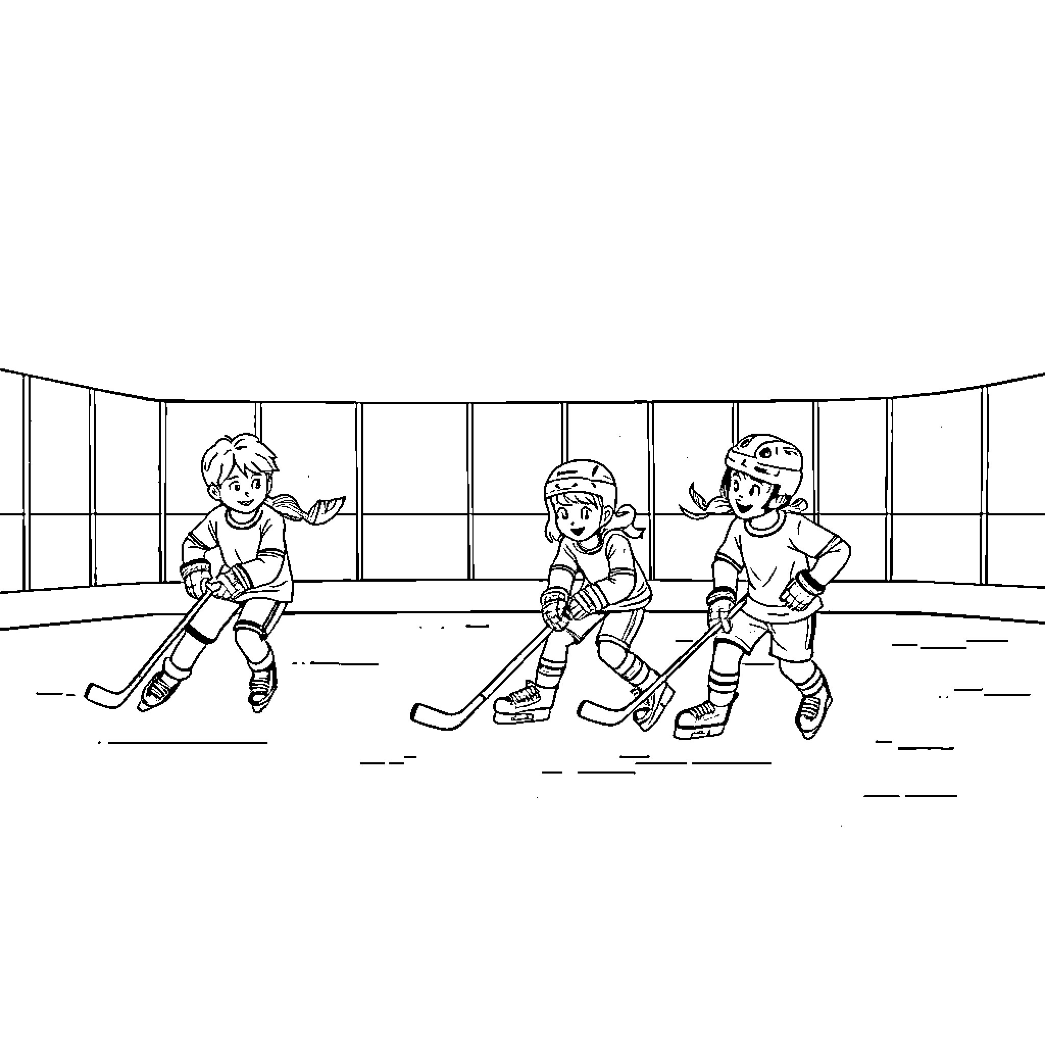 Child athletes playing hockey on the rink Coloring Page (free black-and-white line drawing printable PDF for all, from beginners to advanced learners, including children, teens, adults, and seniors)