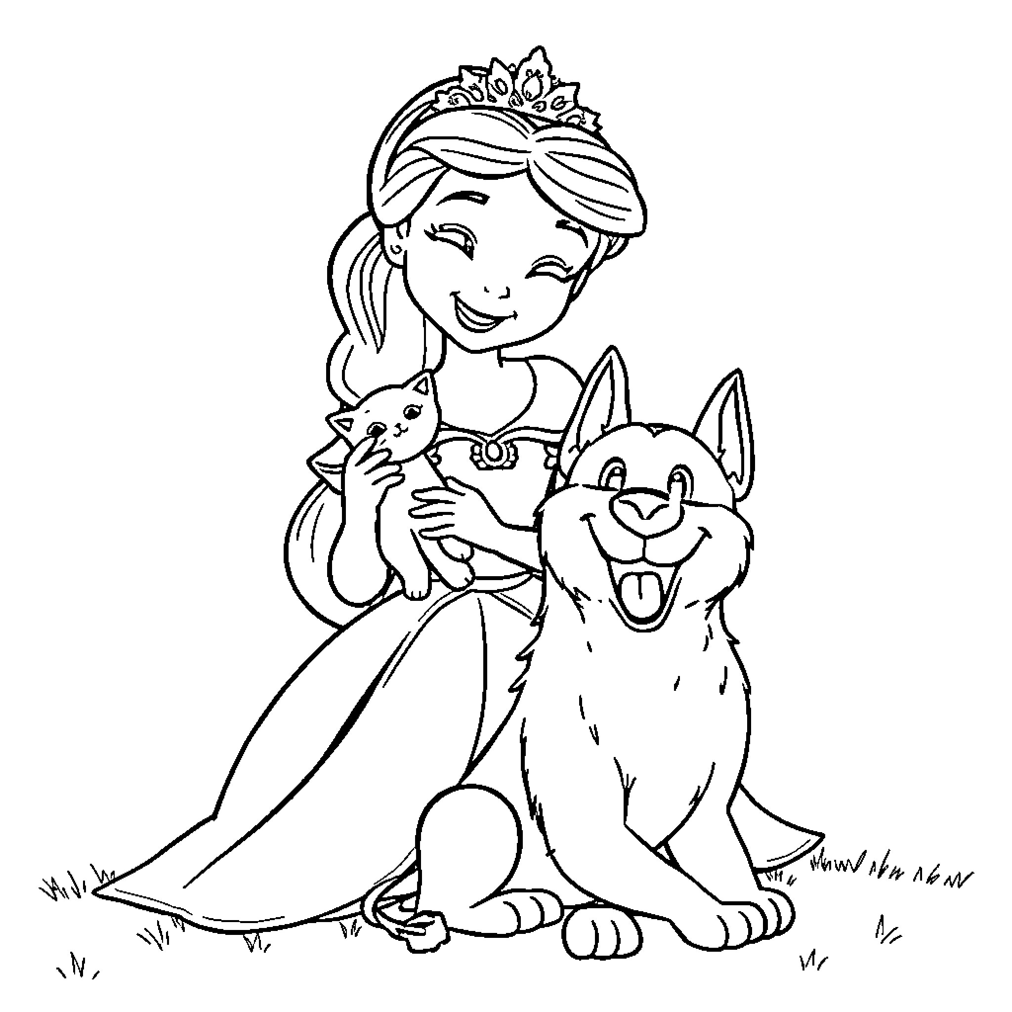 Princess playing joyfully with her animal friends Coloring Page (free black-and-white line drawing printable PDF for all, from beginners to advanced learners, including children, teens, adults, and seniors)