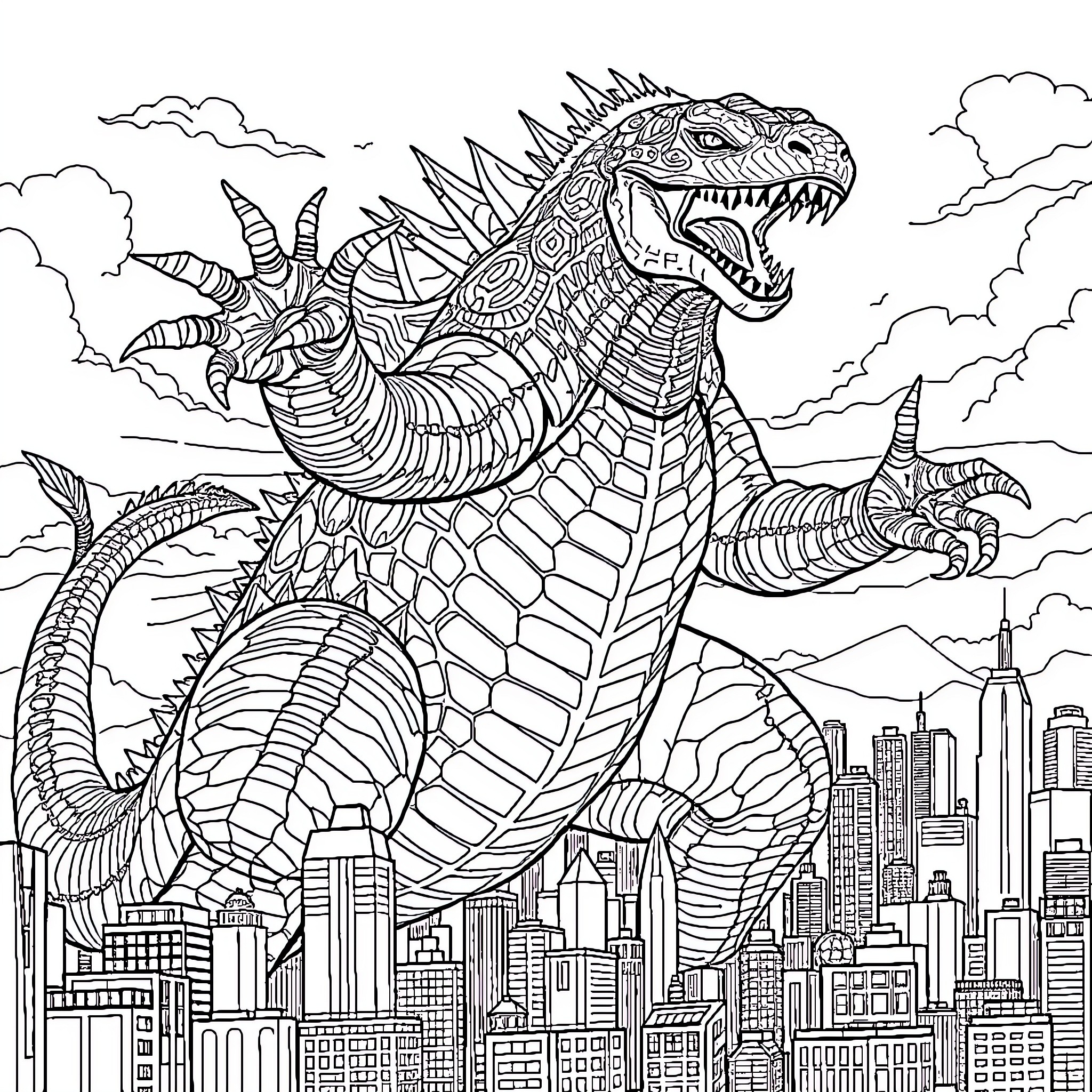 Axolotl rampaging through a detailed city skyline Coloring Page (free black-and-white line drawing printable PDF for all, from beginners to advanced learners, including children, teens, adults, and seniors)