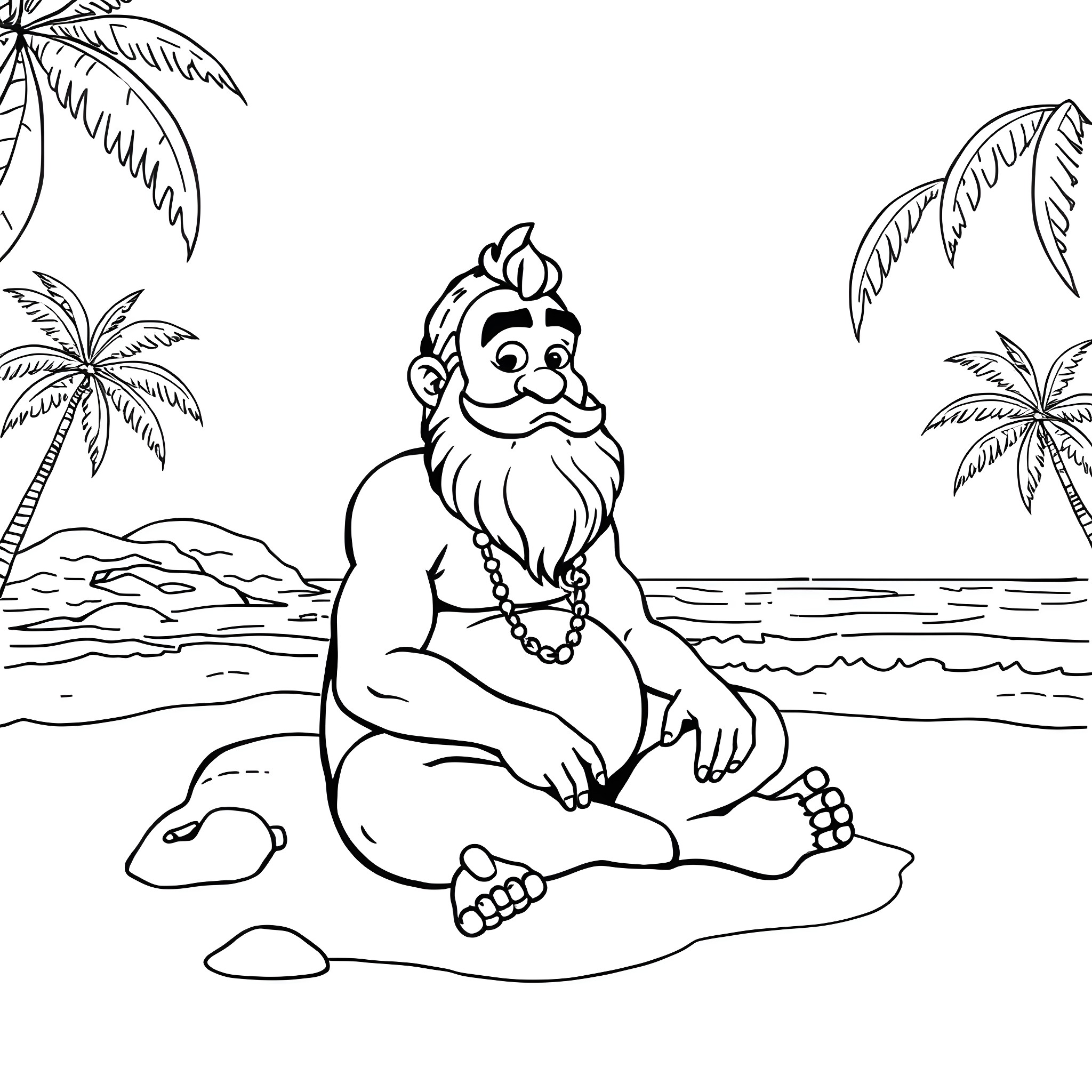 Ponda Baba relaxing on the tropical beach Coloring Page (free black-and-white line drawing printable PDF for all, from beginners to advanced learners, including children, teens, adults, and seniors)