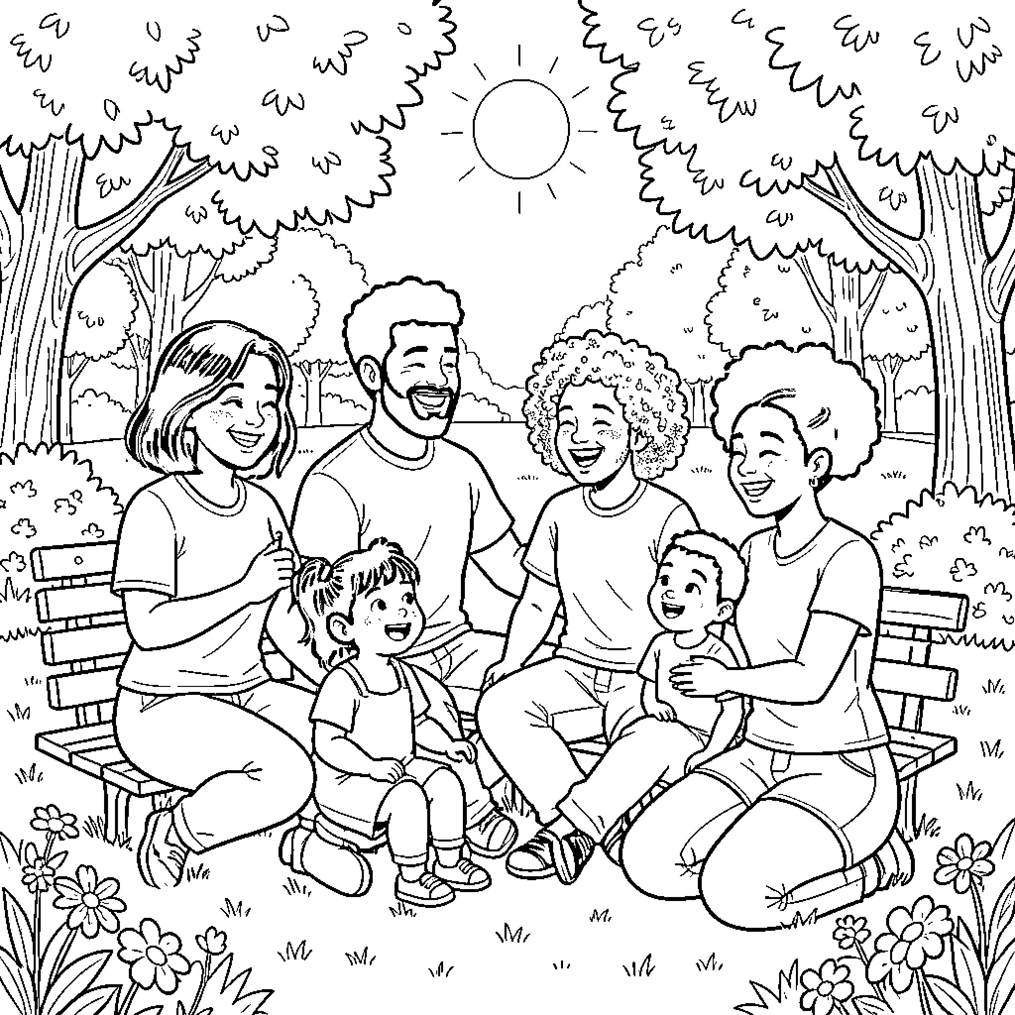Family enjoying a sunny day in the park Coloring Page (free black-and-white line drawing printable PDF for all, from beginners to advanced learners, including children, teens, adults, and seniors)