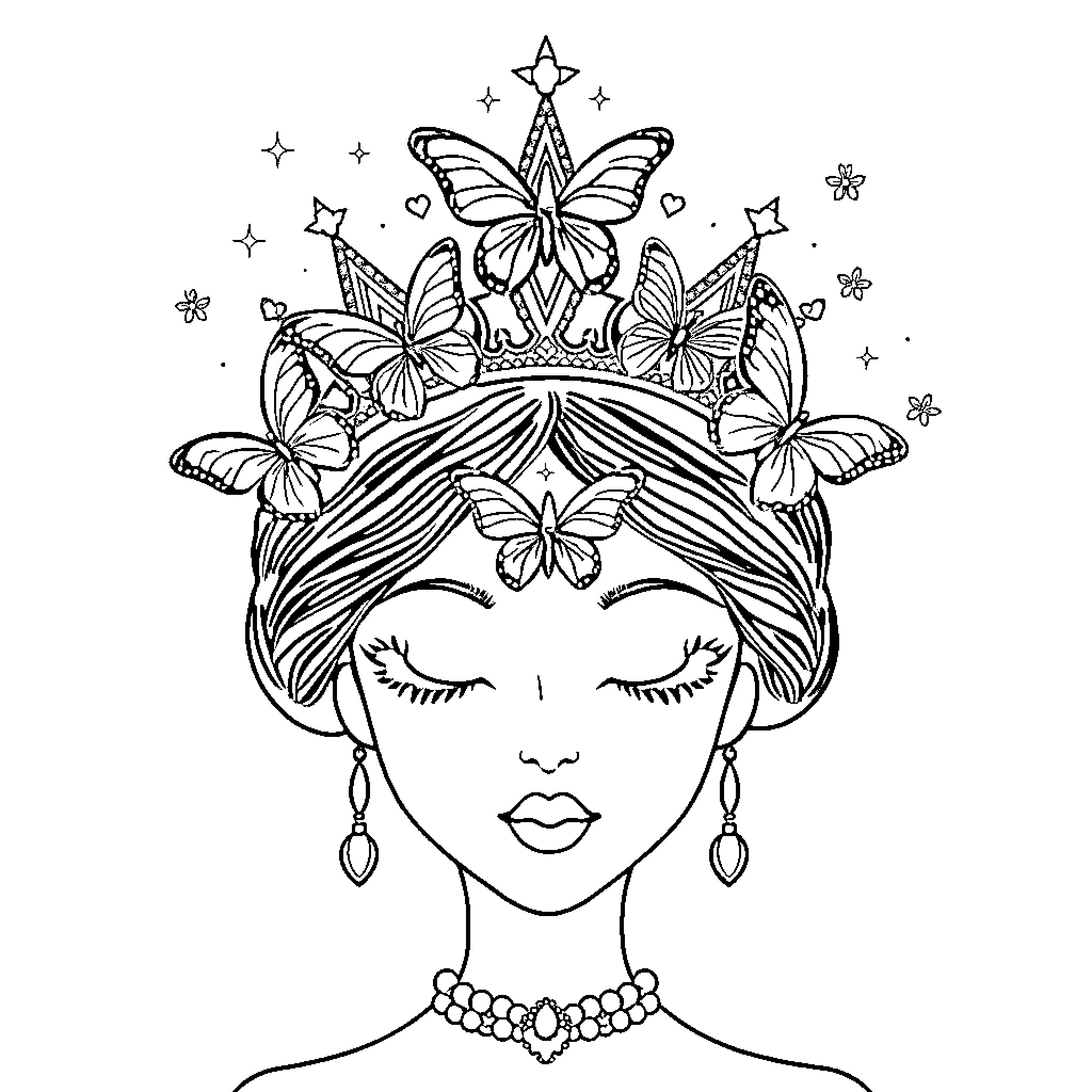 Crown of Butterflies and Flowers Coloring Page (free black-and-white line drawing printable PDF for all, from beginners to advanced learners, including children, teens, adults, and seniors)