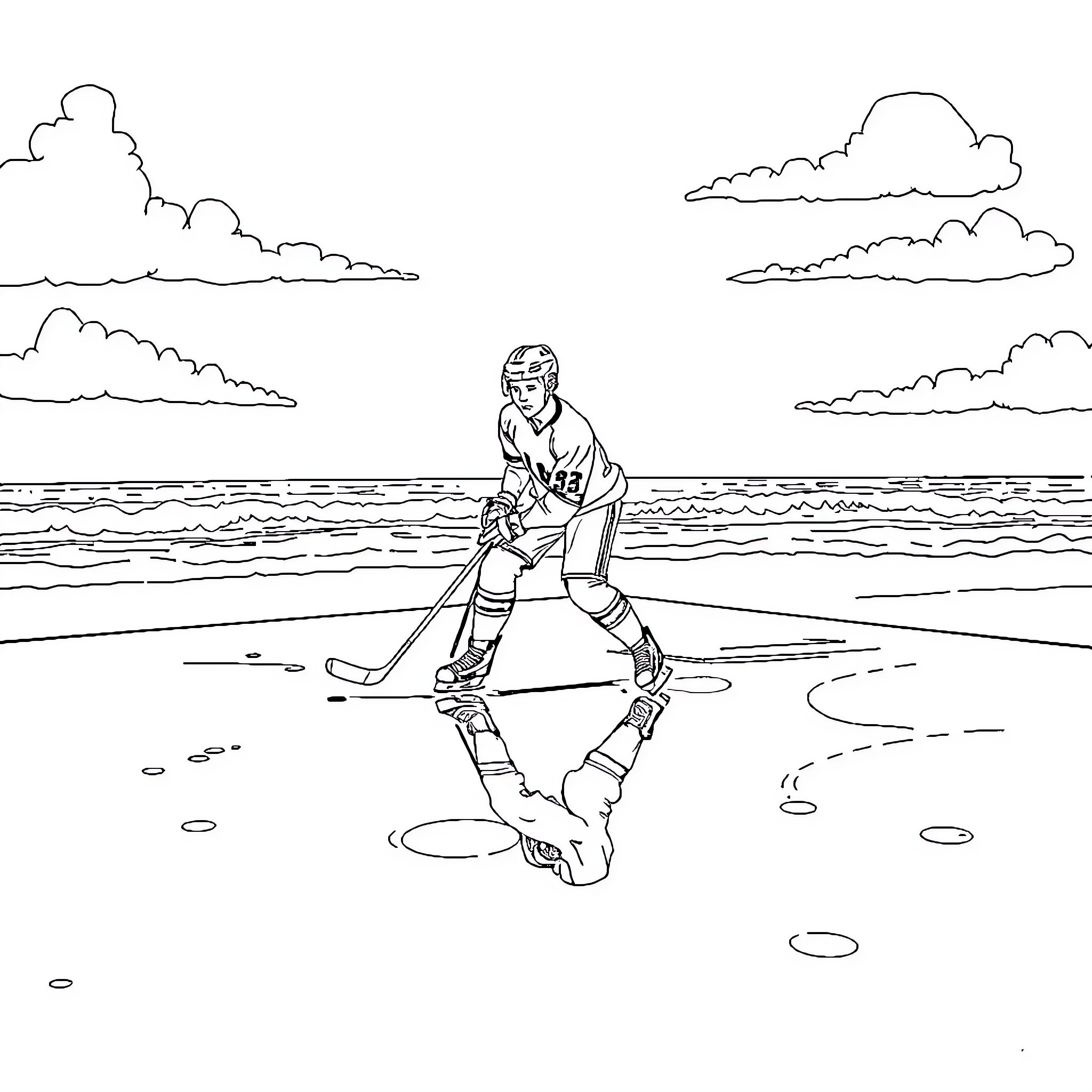 Matthew Tkachuk playing hockey on the lake Coloring Page (free black-and-white line drawing printable PDF for all, from beginners to advanced learners, including children, teens, adults, and seniors)