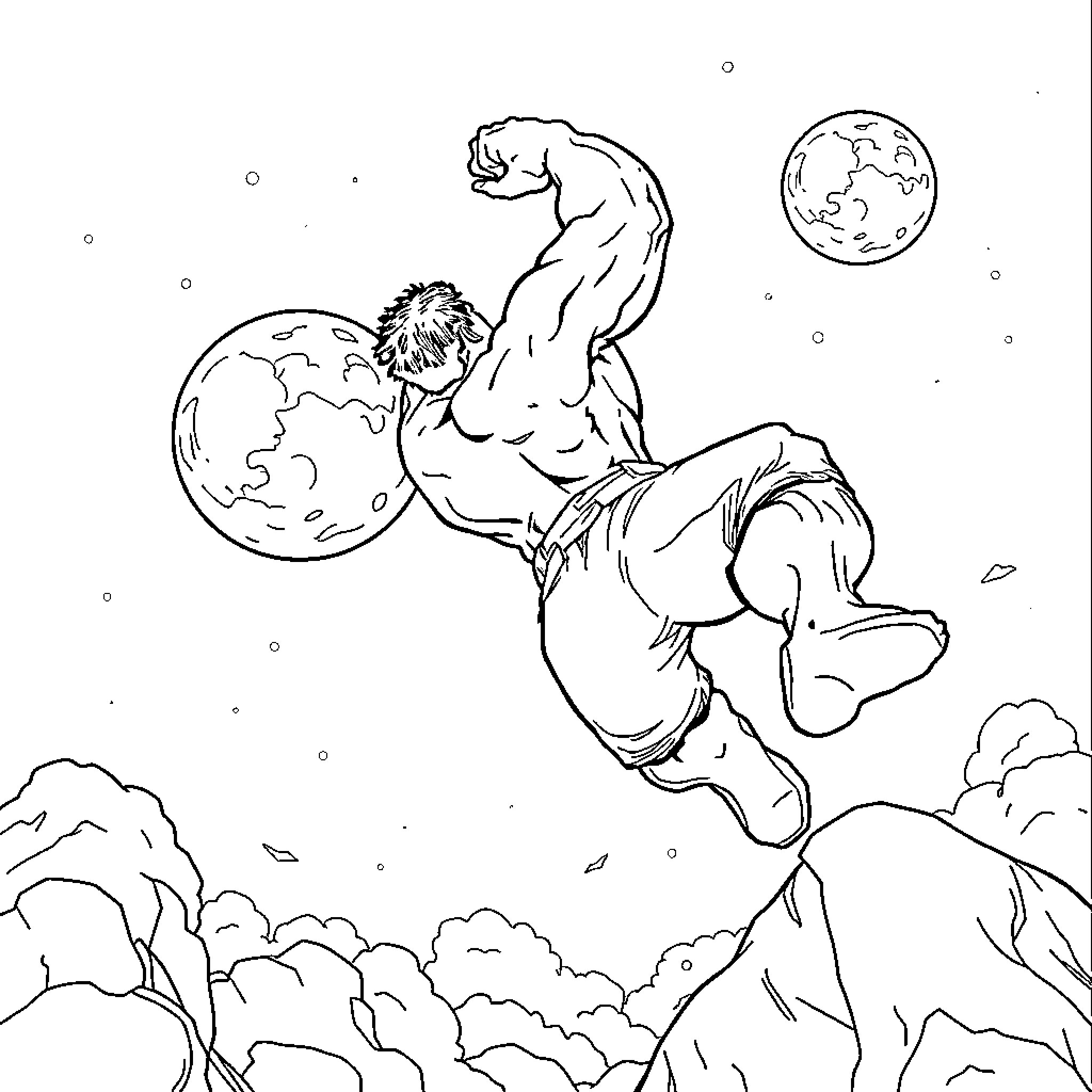 Hulk soaring through the skies Coloring Page (free black-and-white line drawing printable PDF for all, from beginners to advanced learners, including children, teens, adults, and seniors)