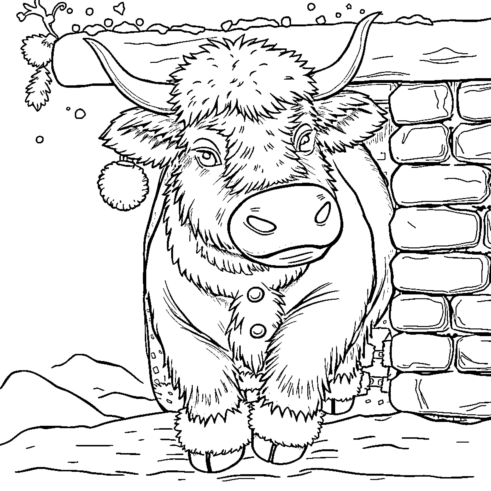 Highland Cow gazing out from a snowy countryside Coloring Page (free black-and-white line drawing printable PDF for all, from beginners to advanced learners, including children, teens, adults, and seniors)
