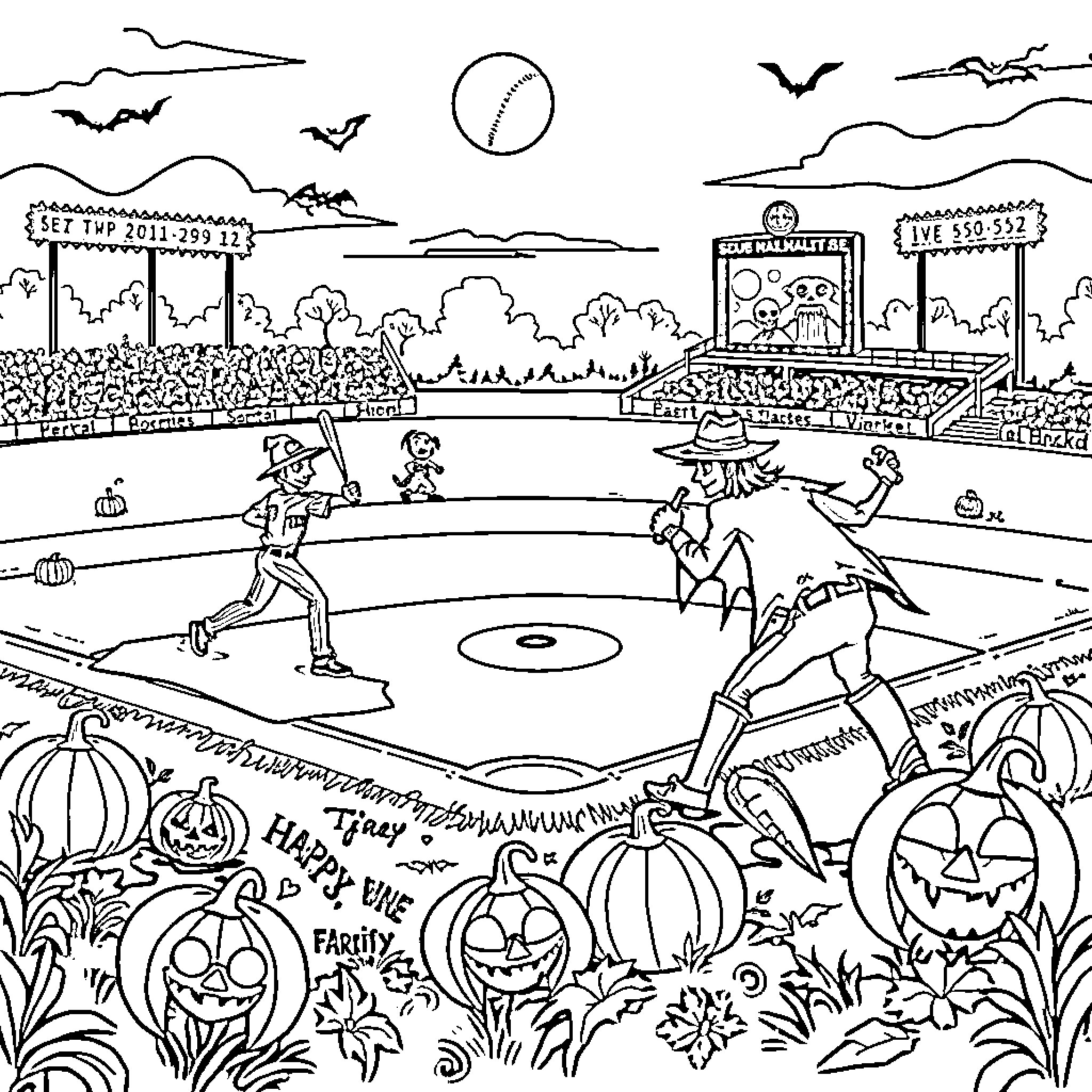 Baseball Game on a Spooky Halloween Night Coloring Page (free black-and-white line drawing printable PDF for all, from beginners to advanced learners, including children, teens, adults, and seniors)