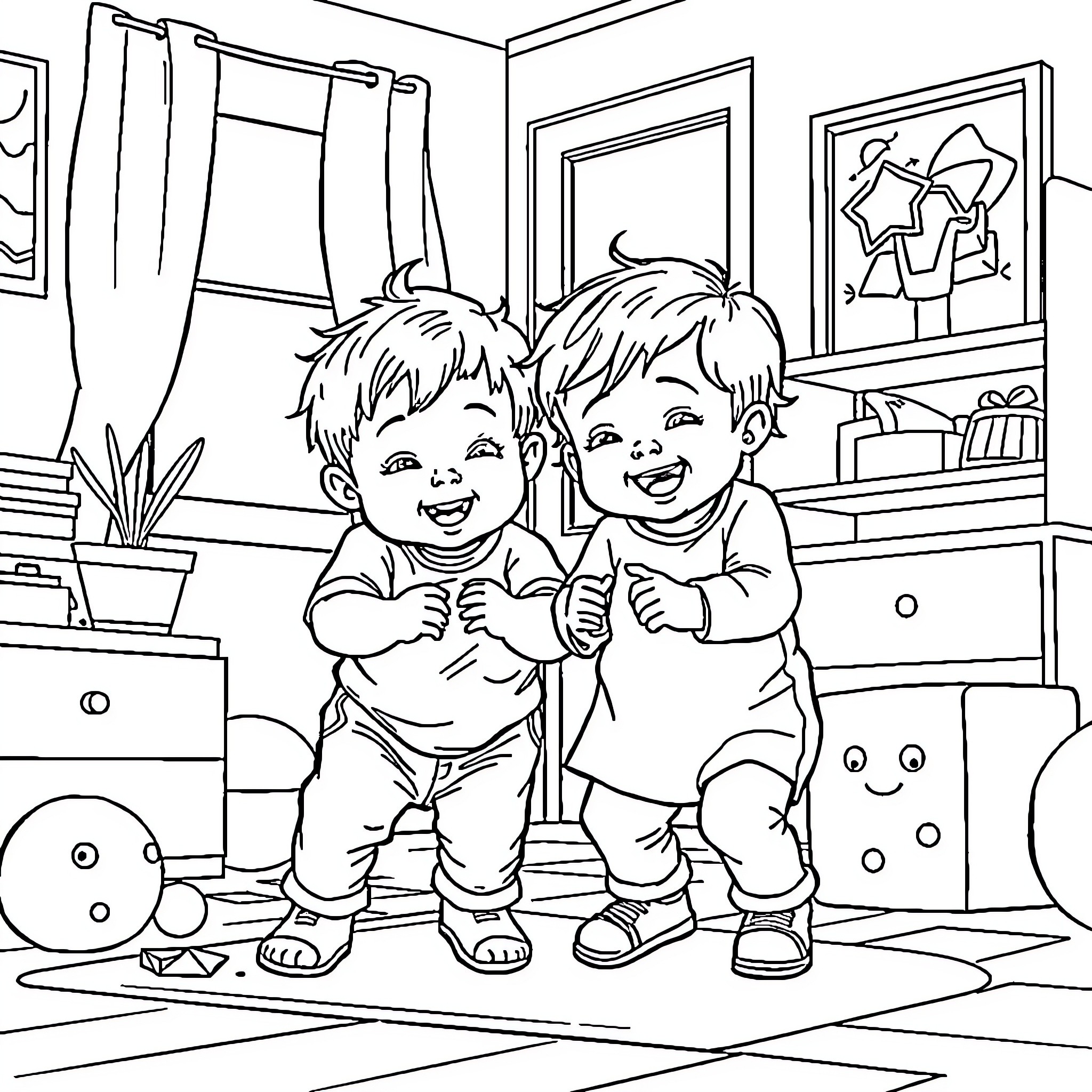 Twin Toddlers Playing Happily in the Room Coloring Page (free black-and-white line drawing printable PDF for all, from beginners to advanced learners, including children, teens, adults, and seniors)