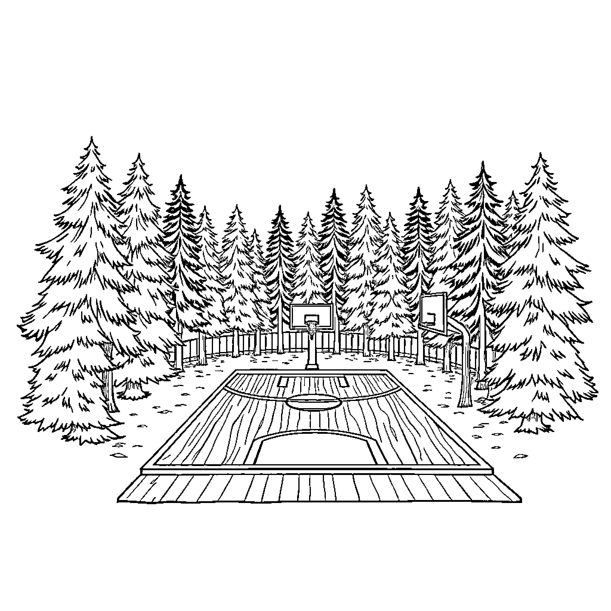 Woody's Outdoor Basketball Court Adventure Coloring Page (free black-and-white line drawing printable PDF for all, from beginners to advanced learners, including children, teens, adults, and seniors)