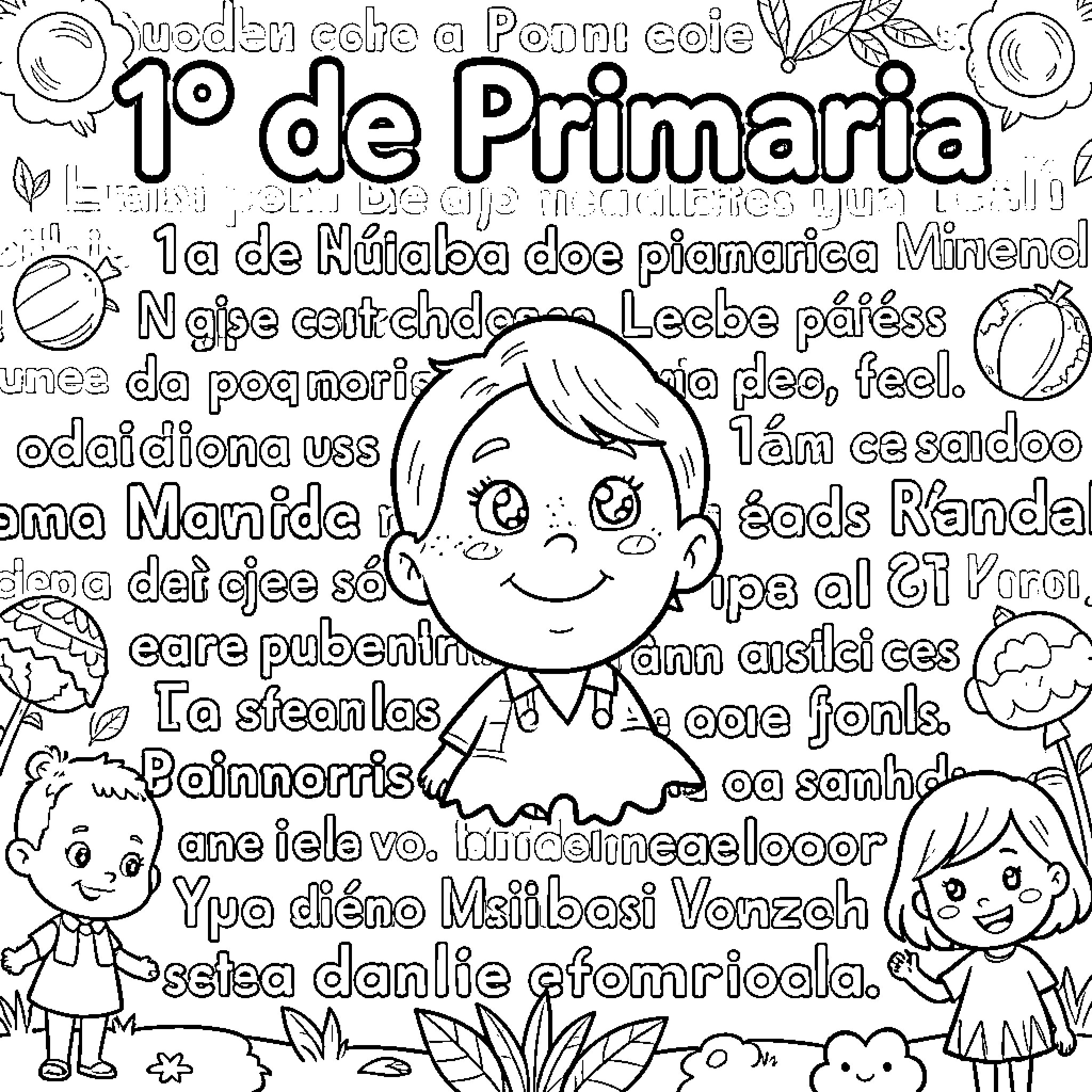 Primaria smiling children enjoying a school setting Coloring Page (free black-and-white line drawing printable PDF for all, from beginners to advanced learners, including children, teens, adults, and seniors)