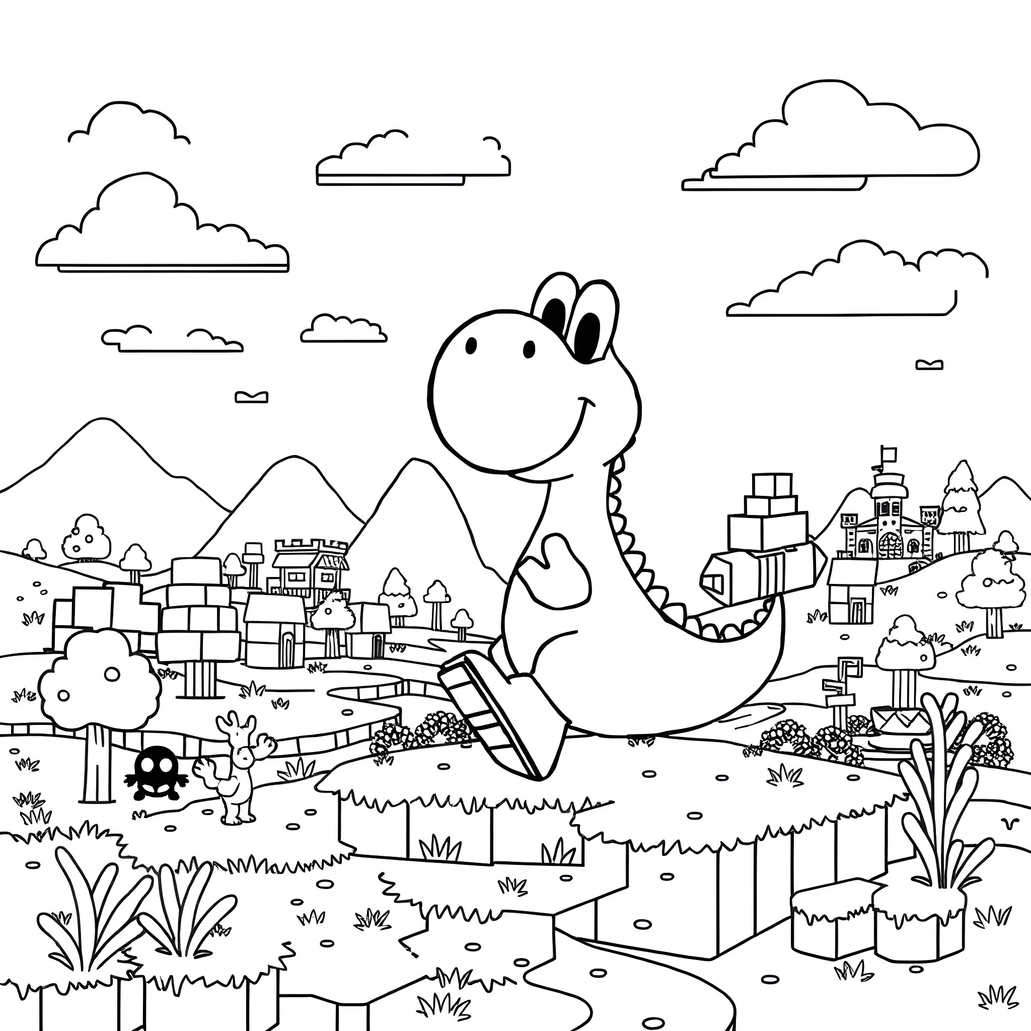 Yoshi exploring a whimsical landscape Coloring Page (free black-and-white line drawing printable PDF for all, from beginners to advanced learners, including children, teens, adults, and seniors)