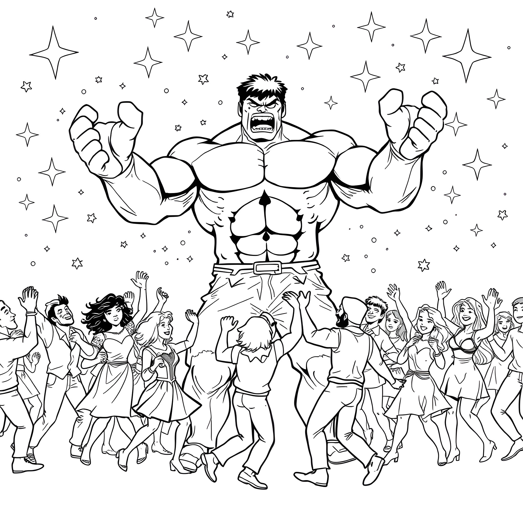 Hulk Towering Over Celebrating Crowd Coloring Page (free black-and-white line drawing printable PDF for all, from beginners to advanced learners, including children, teens, adults, and seniors)